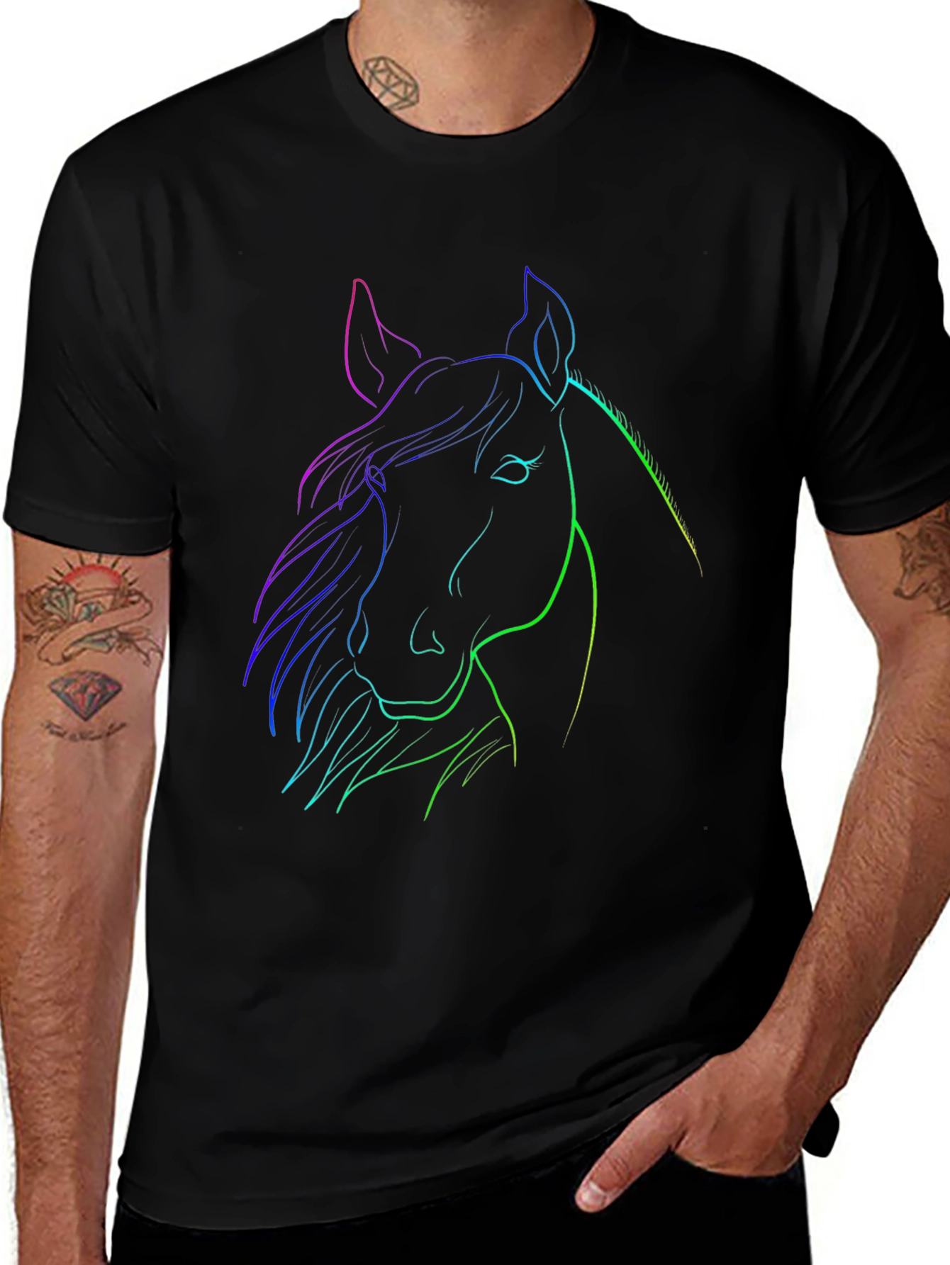 Variant 22 of Neon Horse Graphic Tee - Stylish Men's Black T-Shirt