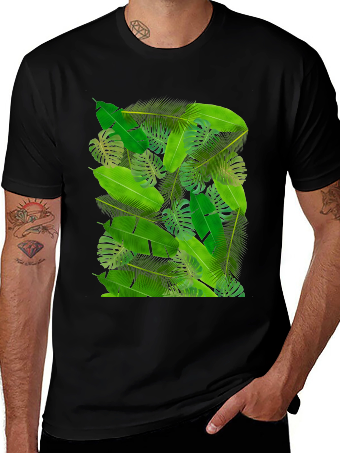 Variant 26 of Tropical Leaf Print Black T-Shirt