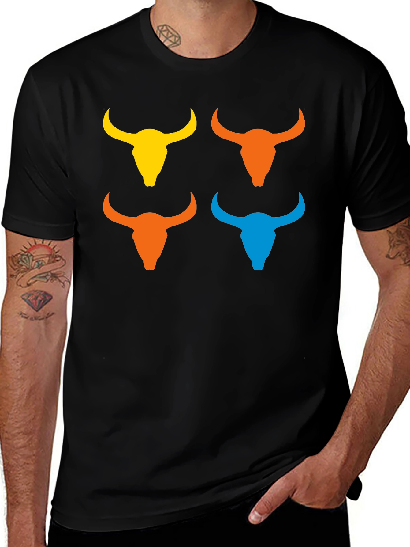 Men's Graphic T-Shirt - Colorful Steer Skull Design