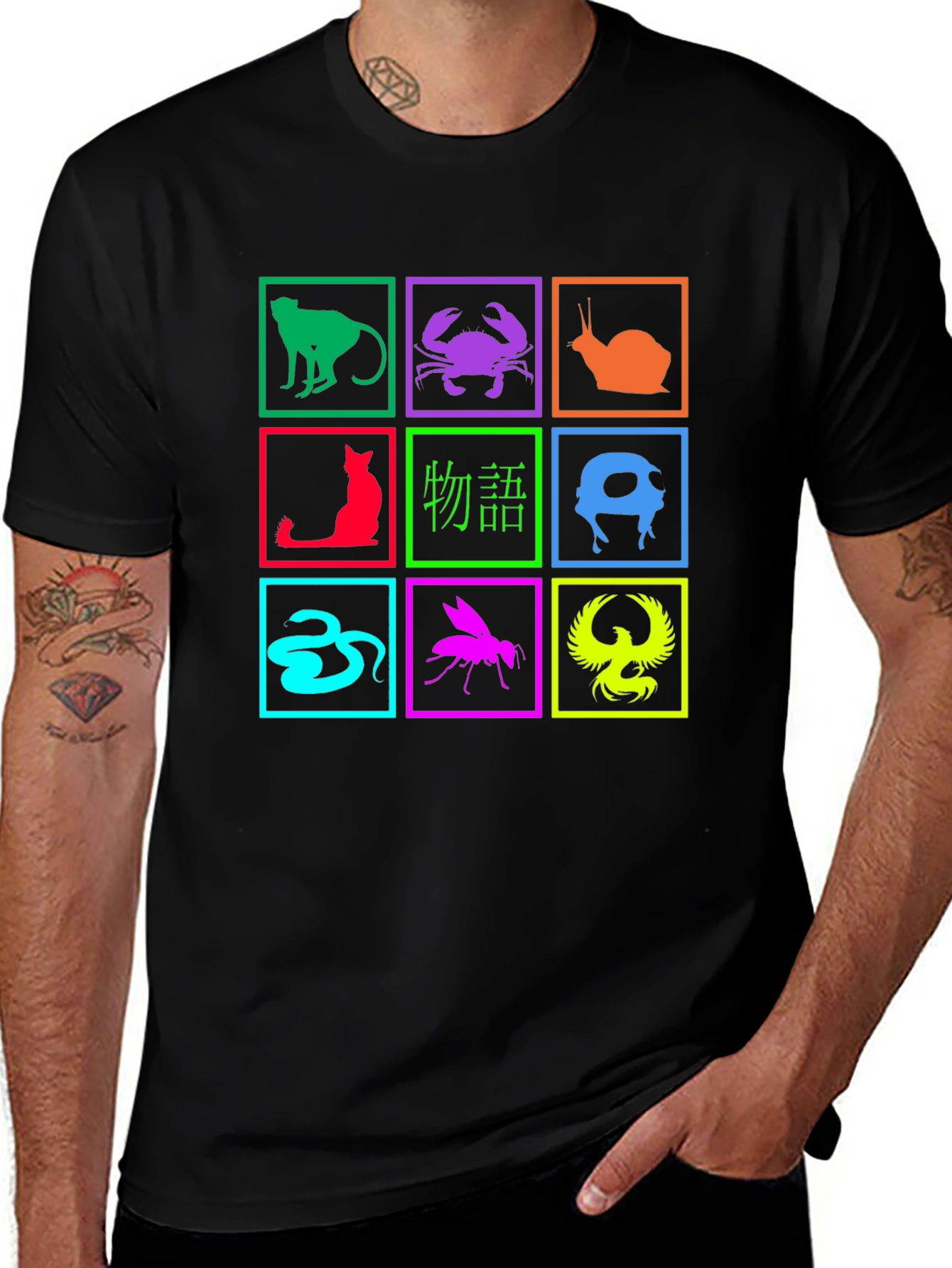 Variant 16 of Colorful Animal & Japanese Kanji Symbol Graphic Print T-Shirt