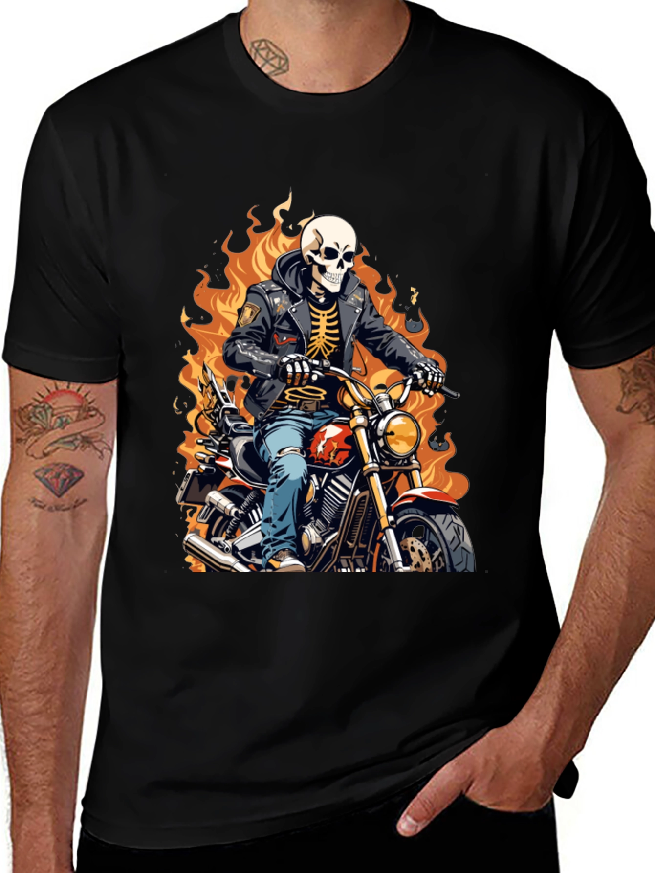 Skeleton Biker T-Shirt - Flaming Ride