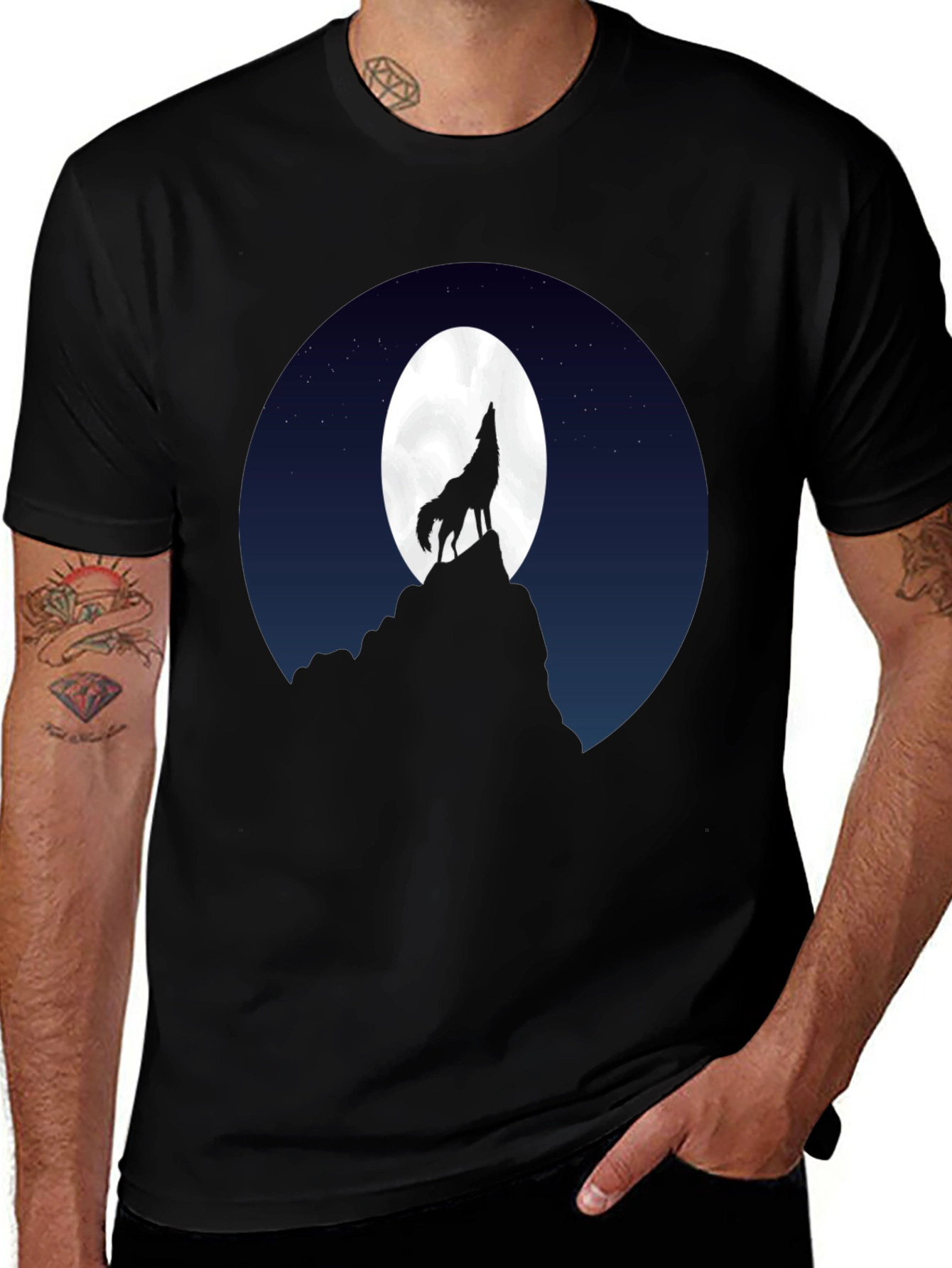 Variant 24 of Wolf Howling at Moon Graphic Tee - Black