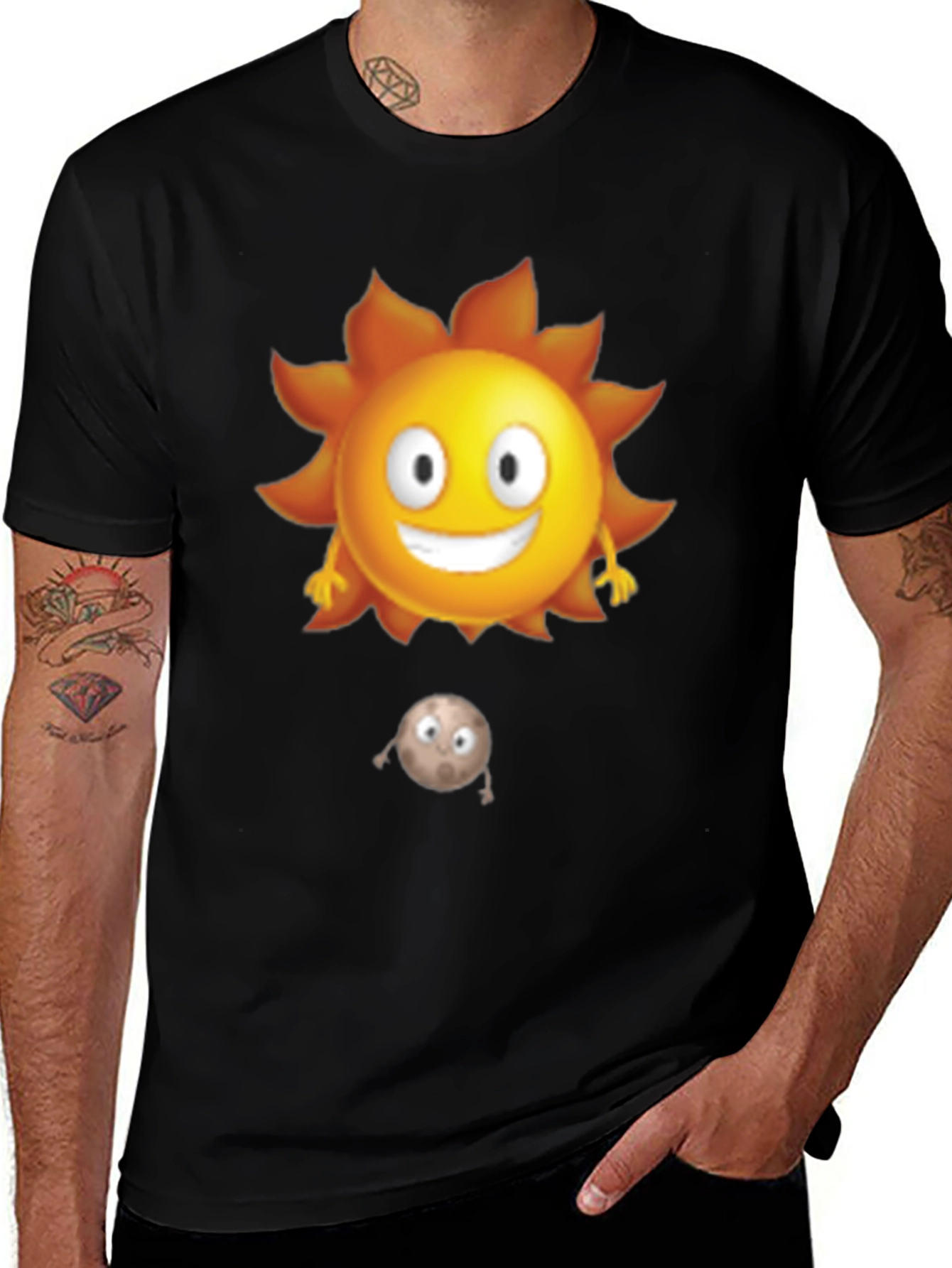 Black Cartoon Sun and Moon Black T-Shirt main image