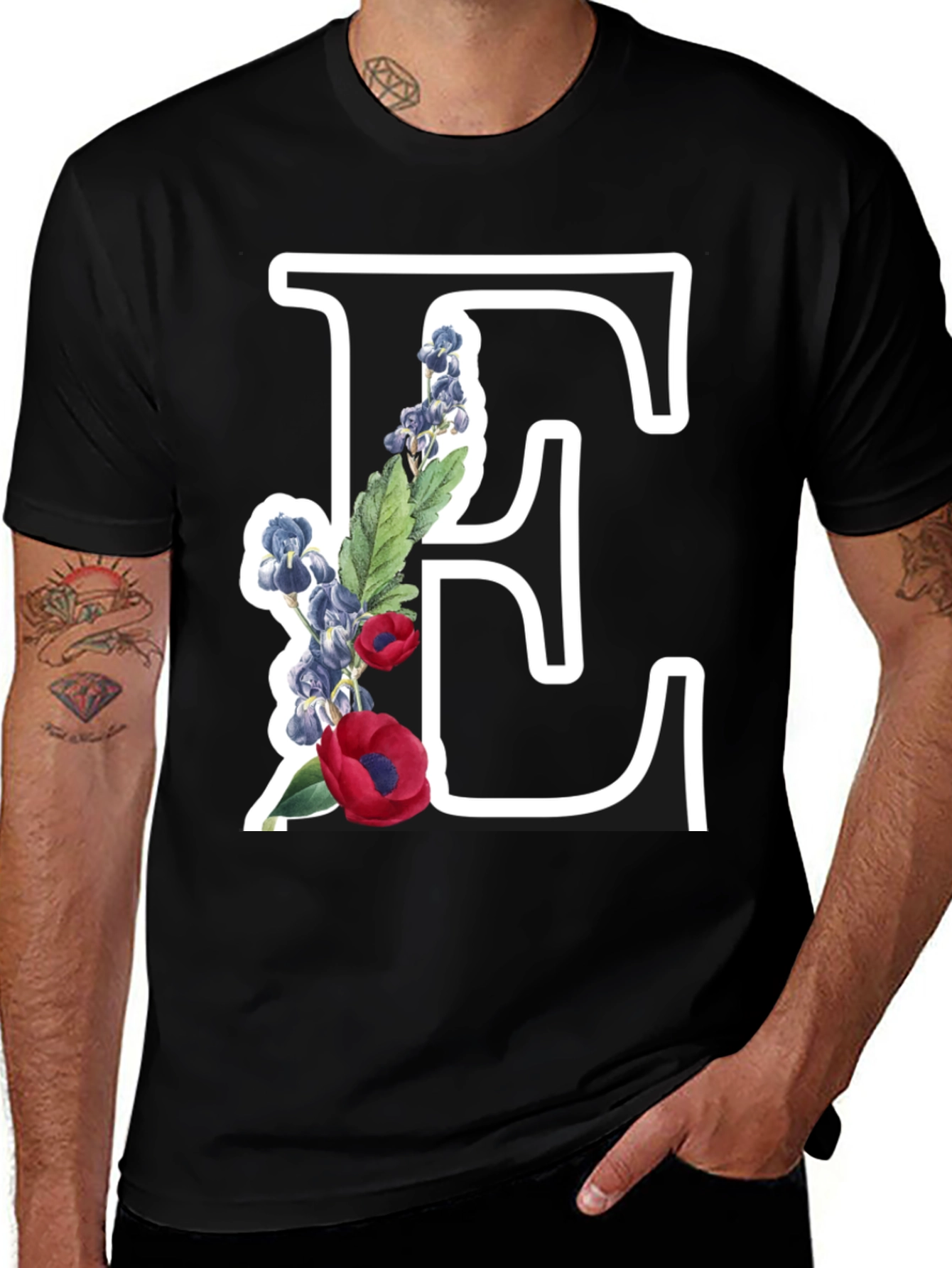 Variant 27 of Floral Letter E Black T-Shirt