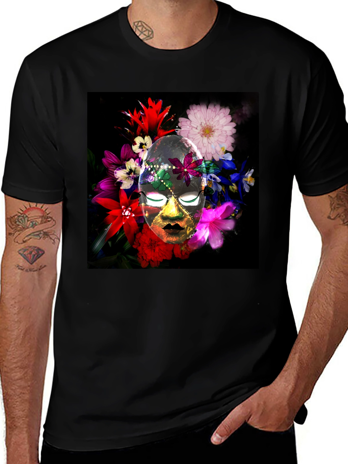 Black Floral Mask Graphic Tee - Black Cotton Blend main image