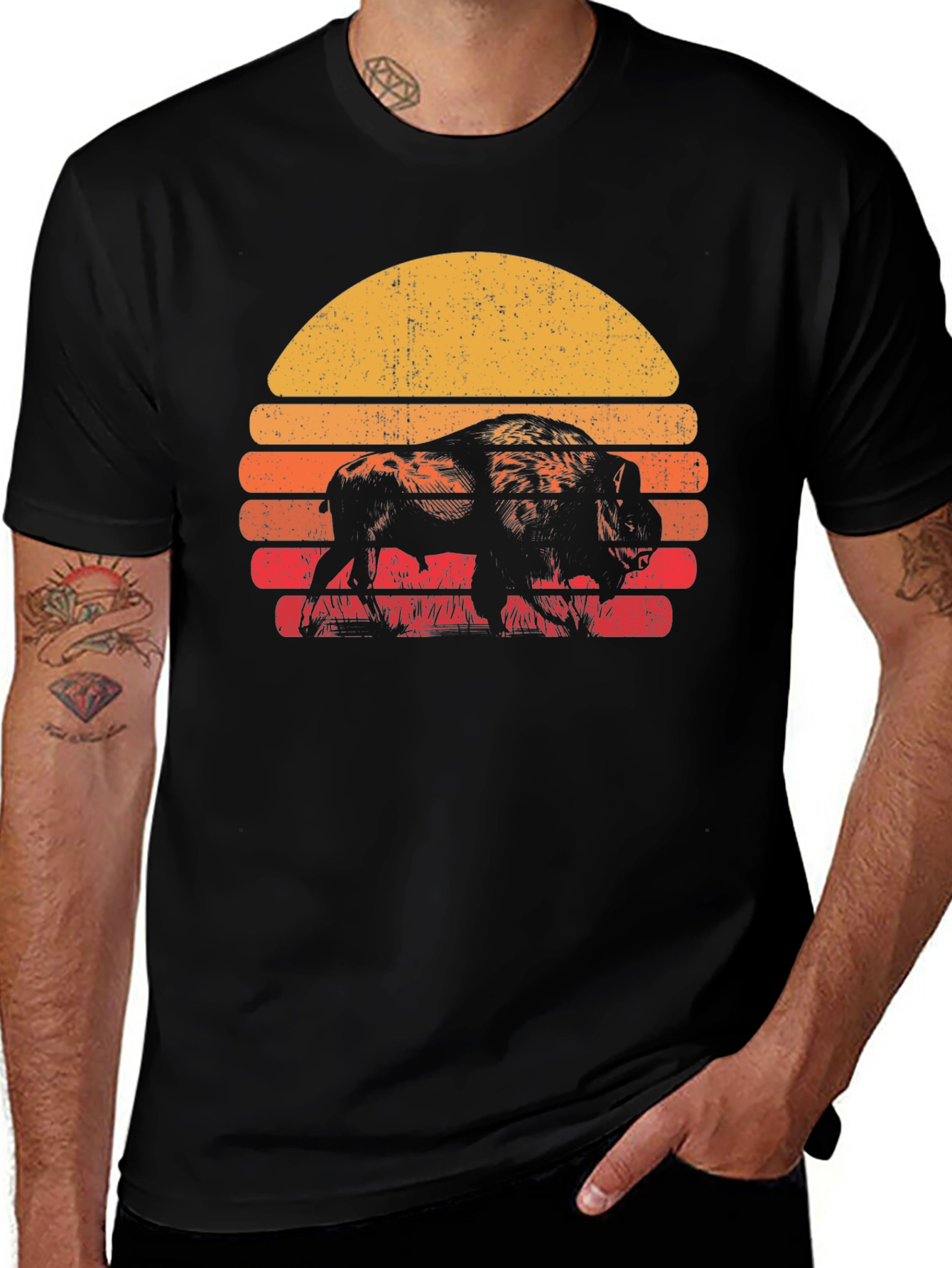 Variant 26 of Retro Bison Sunset T-Shirt - Black