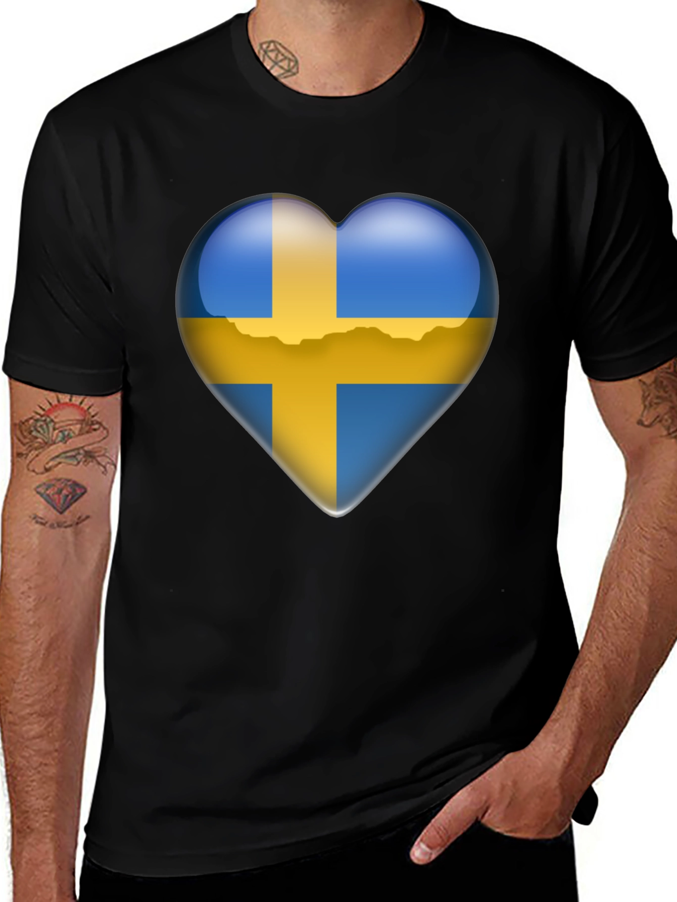 Sweden Flag Heart T-Shirt - Black
