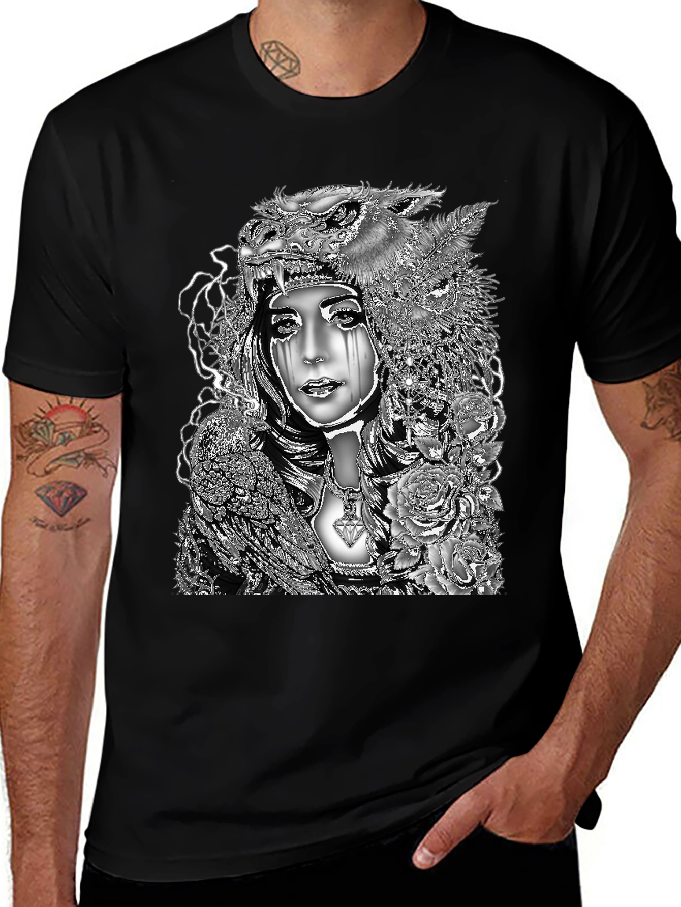 Variant 5 of Wolf Headdress Woman Graphic Tee - Black