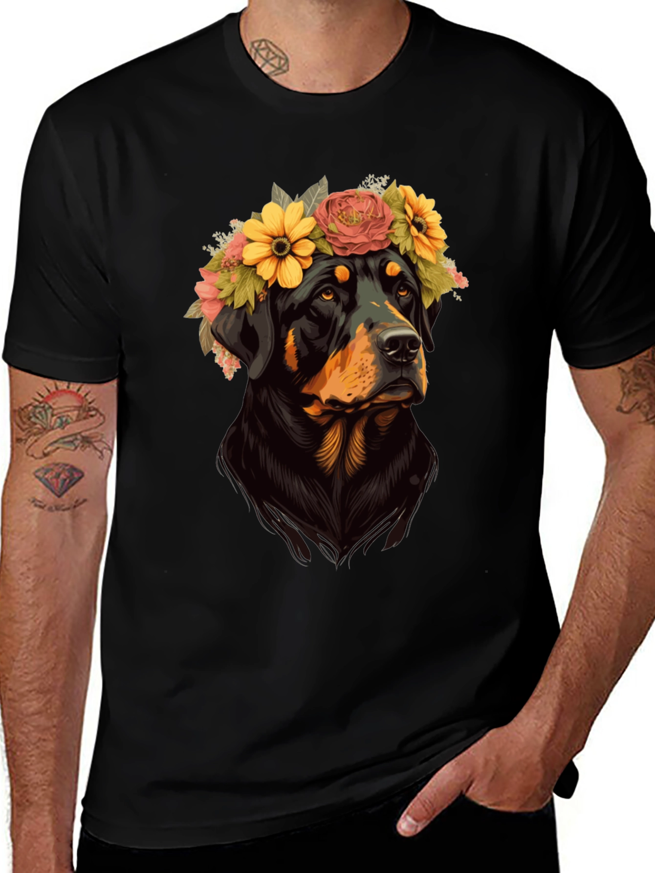 Variant 28 of Rottweiler Floral Crown T-Shirt - Unisex Black Tee