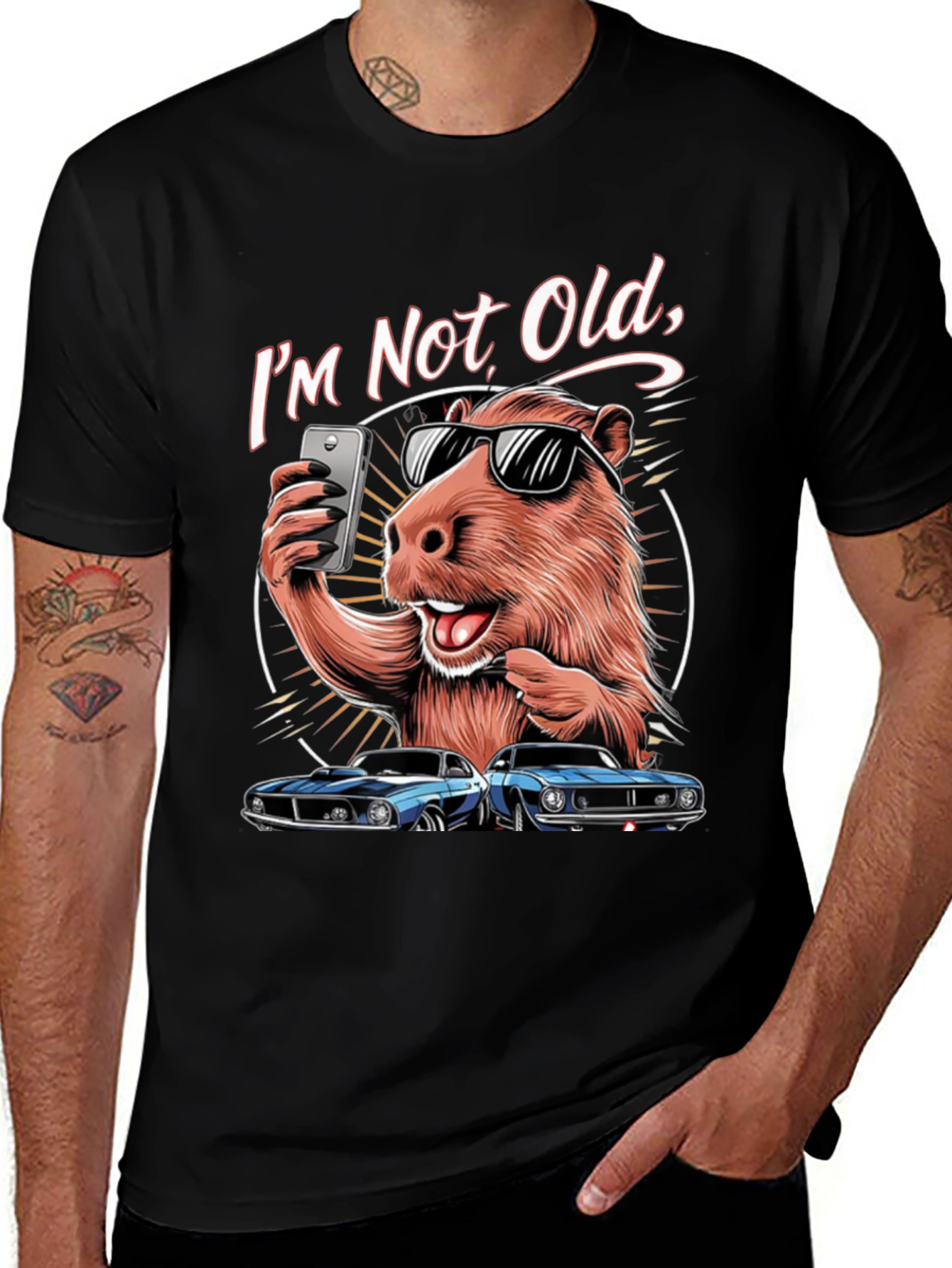 Variant 21 of I'm Not Old T-Shirt: Capybara Selfie & Classic Car Design