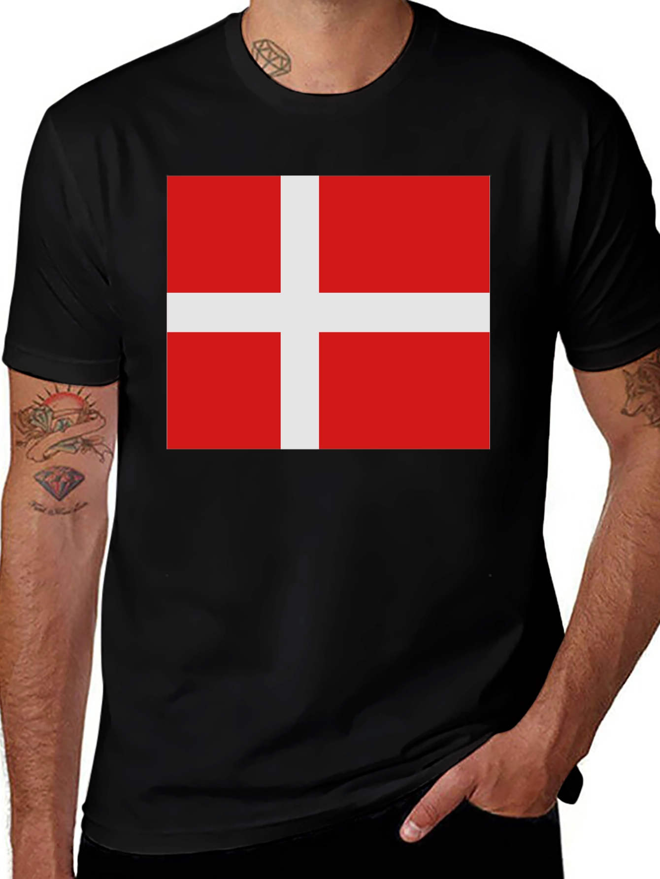 Variant 5 of Denmark Flag T-Shirt - Black Cotton Tee