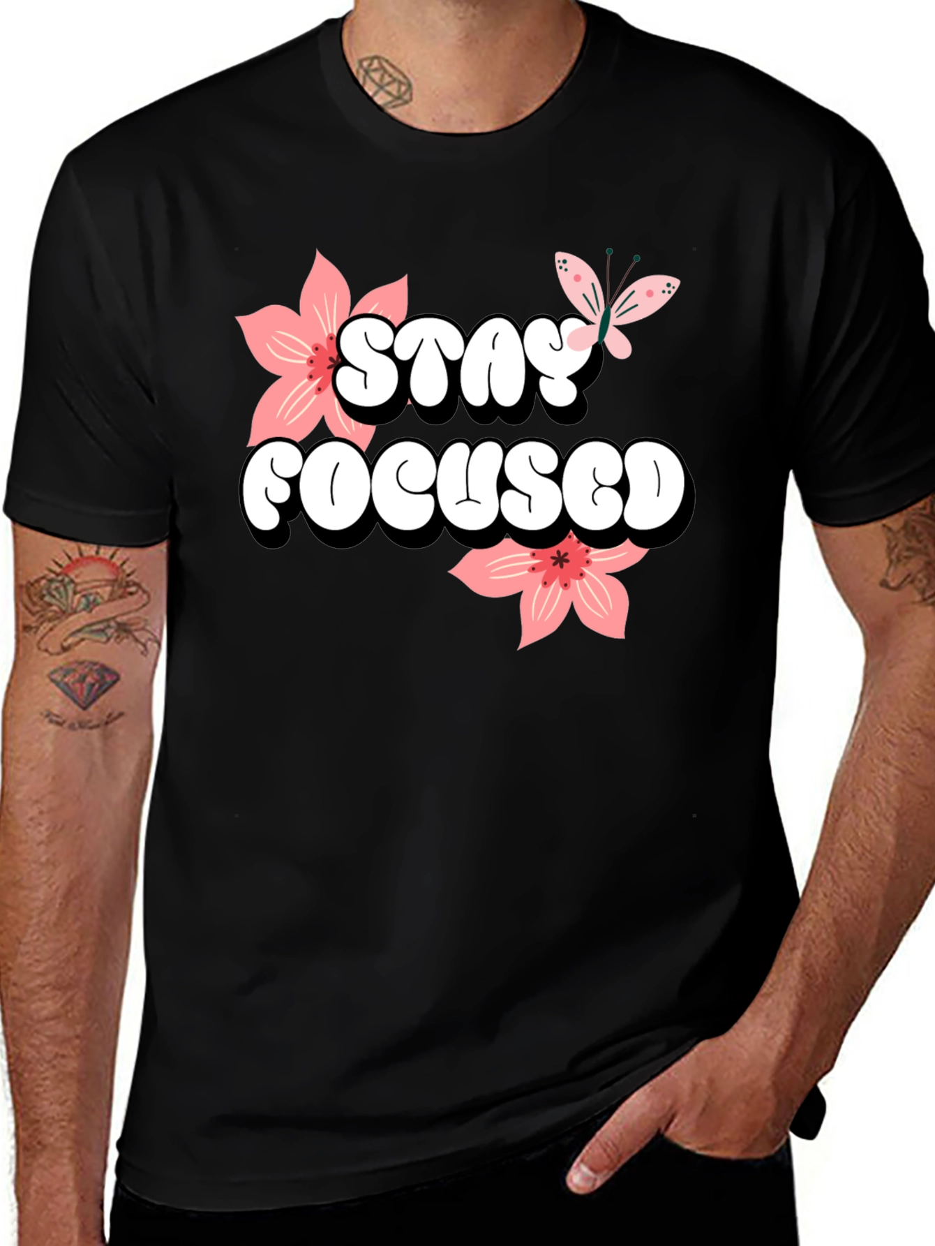 Variant 28 of Stay Focused Black T-Shirt with Floral Design