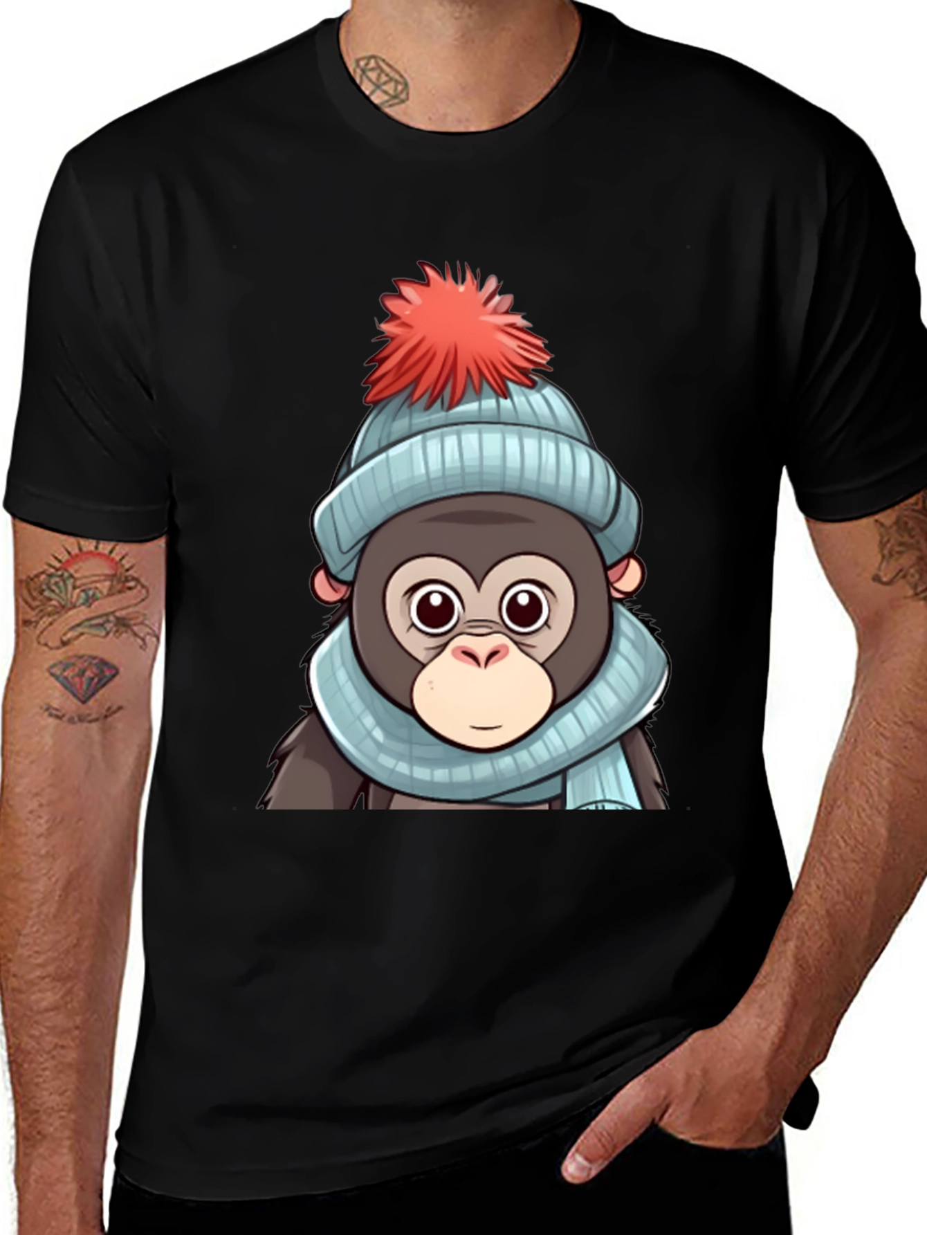 Variant 5 of Cute Cartoon Monkey in Winter Hat T-Shirt