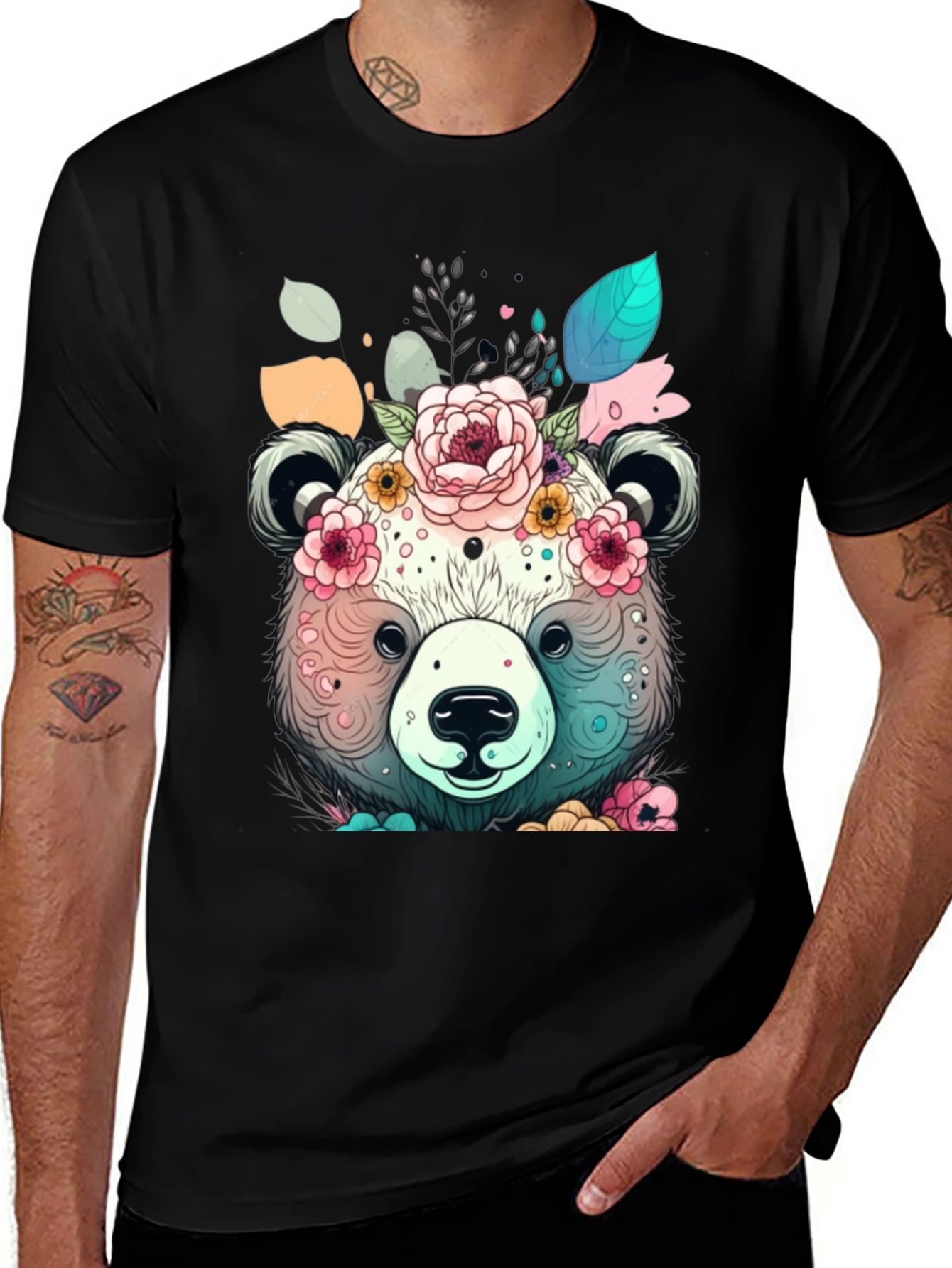 Variant 10 of Floral Bear Graphic Tee - Black