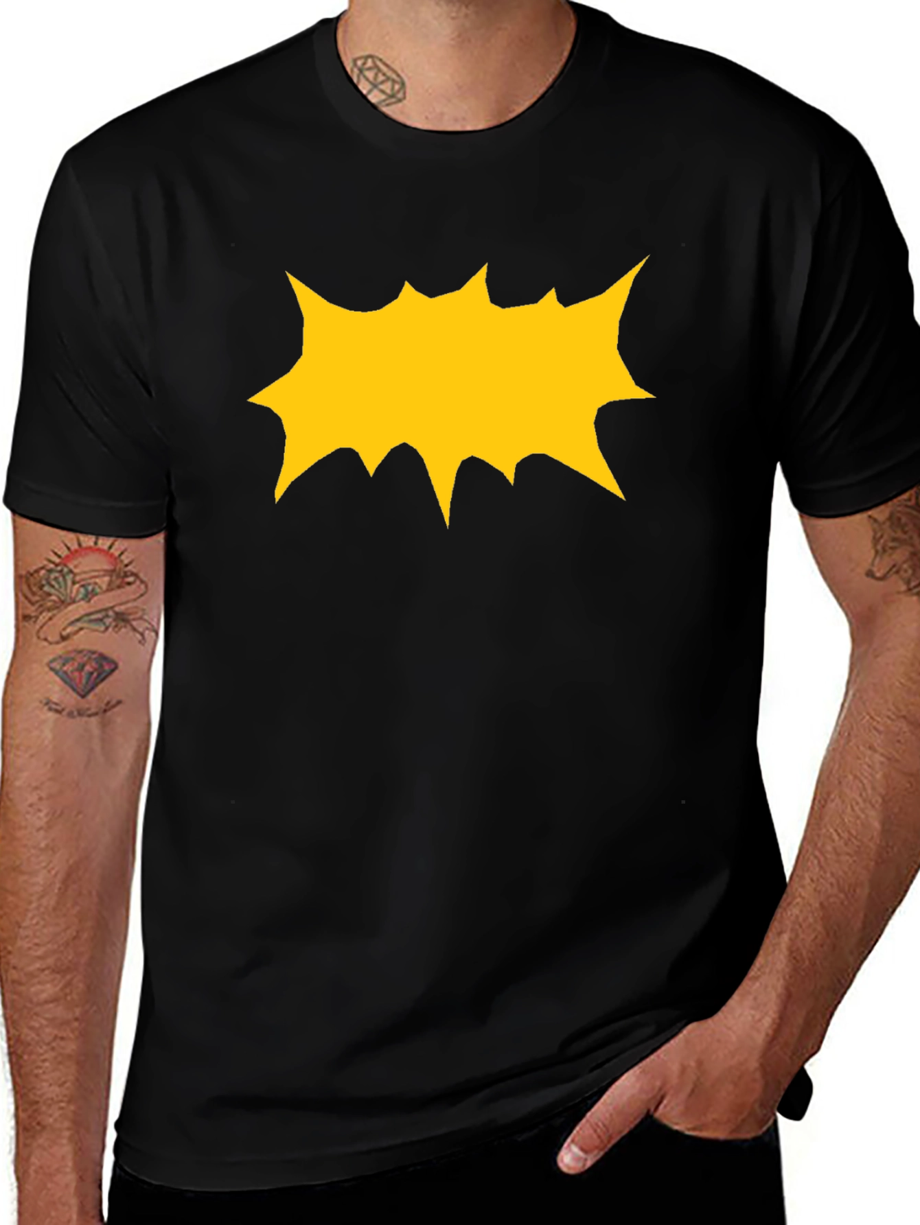 Variant 22 of Black T-Shirt with Yellow Comic Explosion Graphic