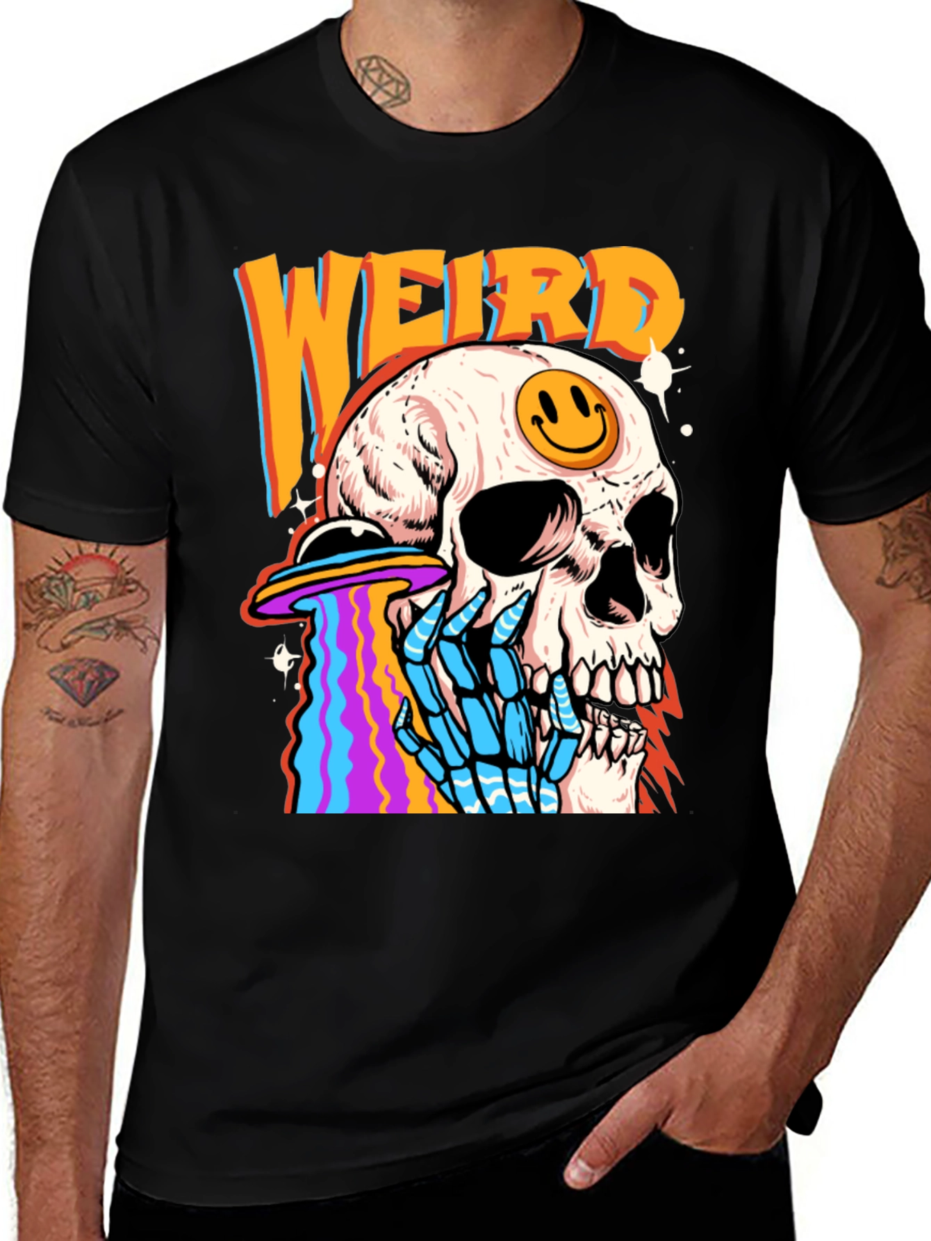 Variant 5 of Weird Skull UFO Graphic Tee - Black Cotton