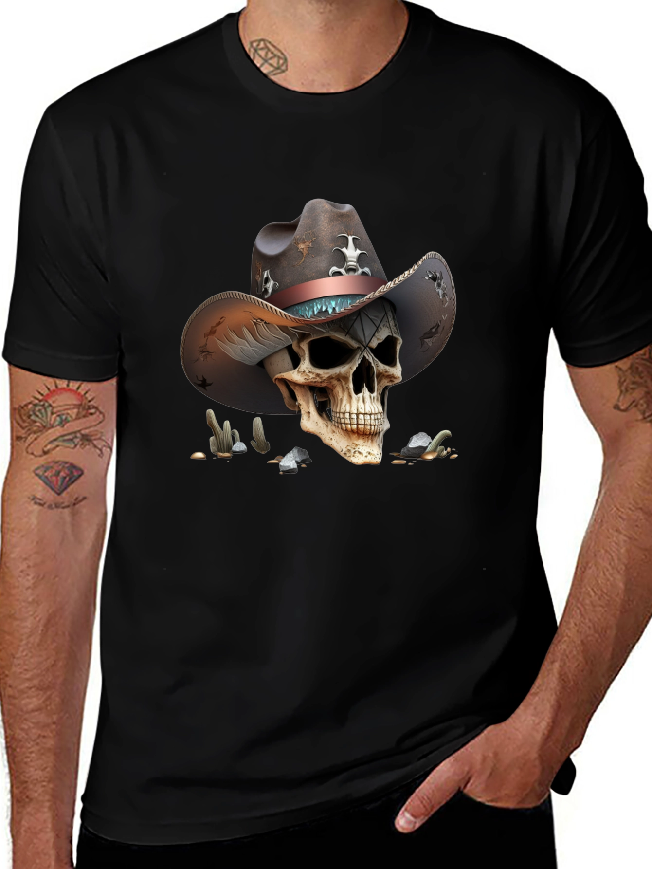 Variant 15 of Skull Cowboy Graphic Tee - Unique Western Style