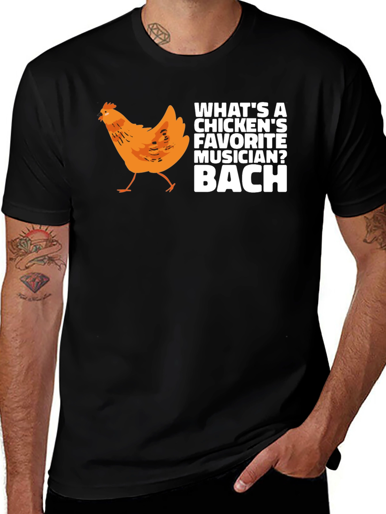 Variant 19 of Funny Chicken Musician T-Shirt - What's a Chicken's Favorite Musician? Bach