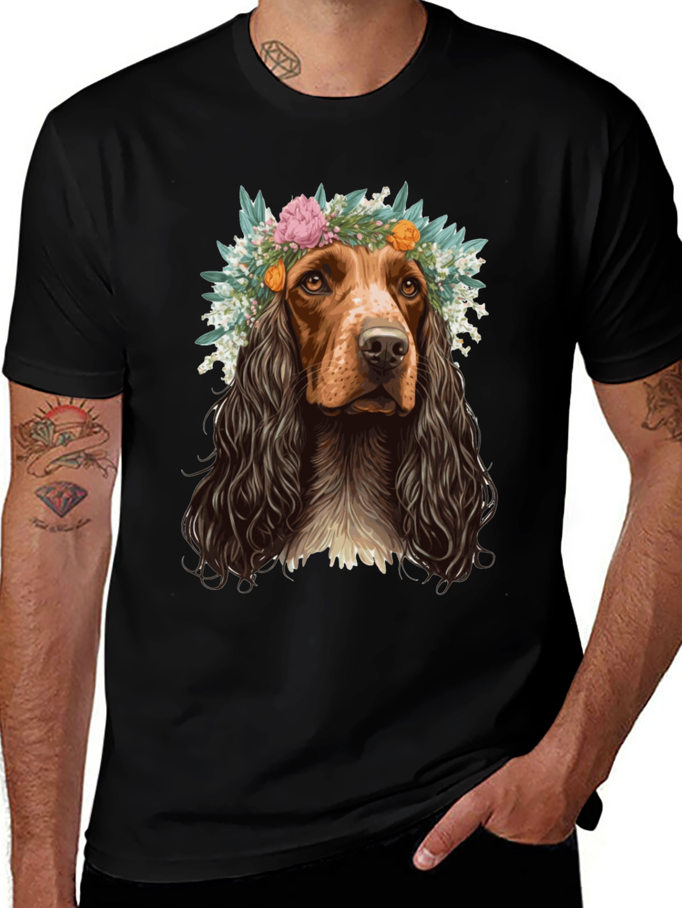 Dog with Floral Crown Graphic T-Shirt