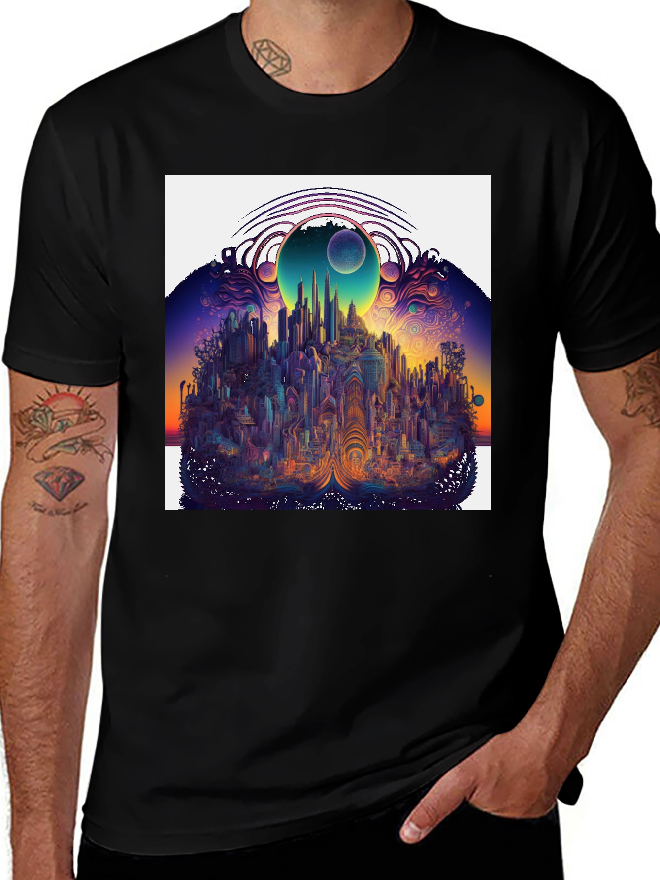Variant 14 of Surreal Cityscape Graphic Tee - Unique Black T-Shirt