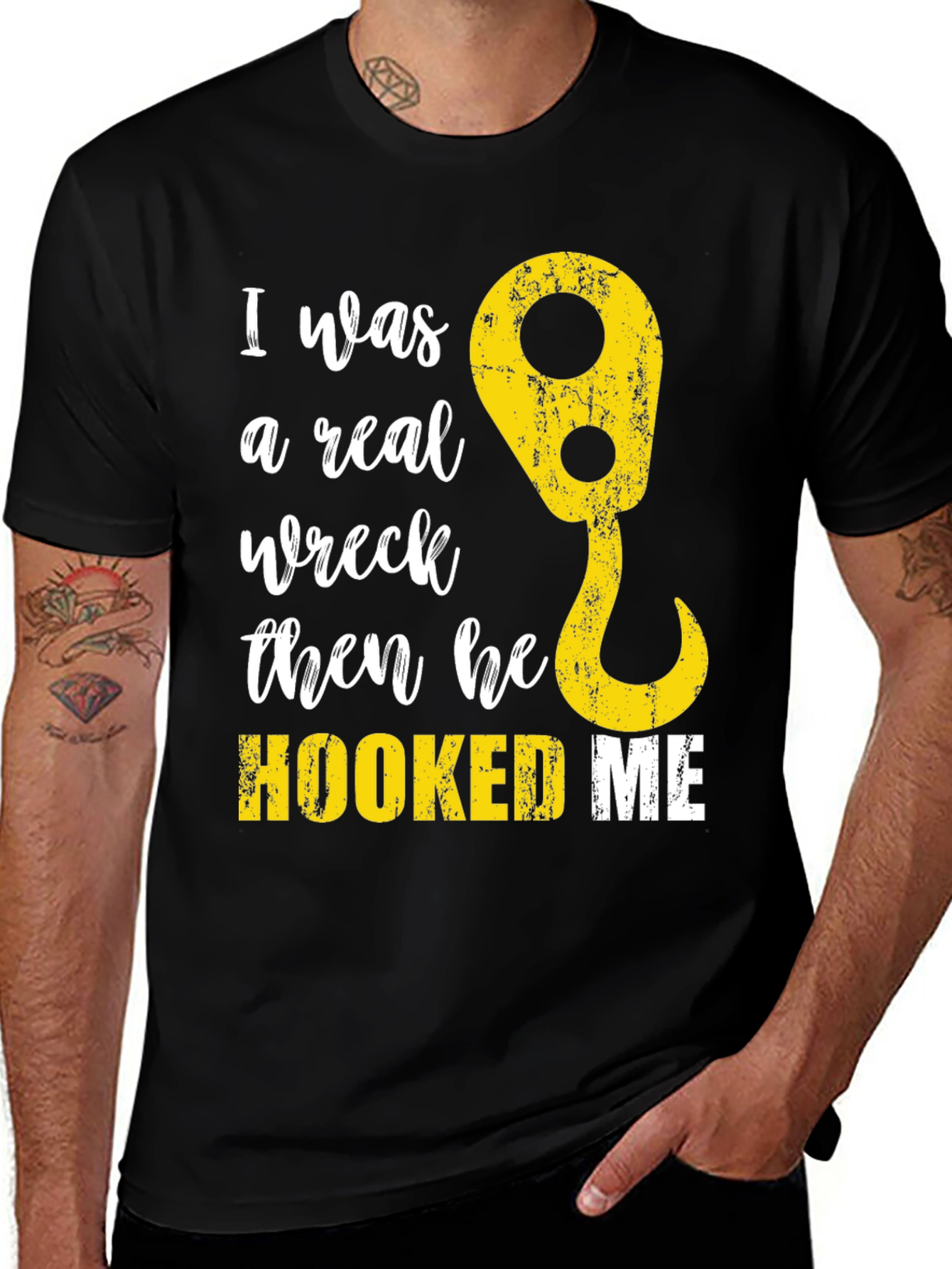 Black Funny Tow Truck Hooked Me T-Shirt main image