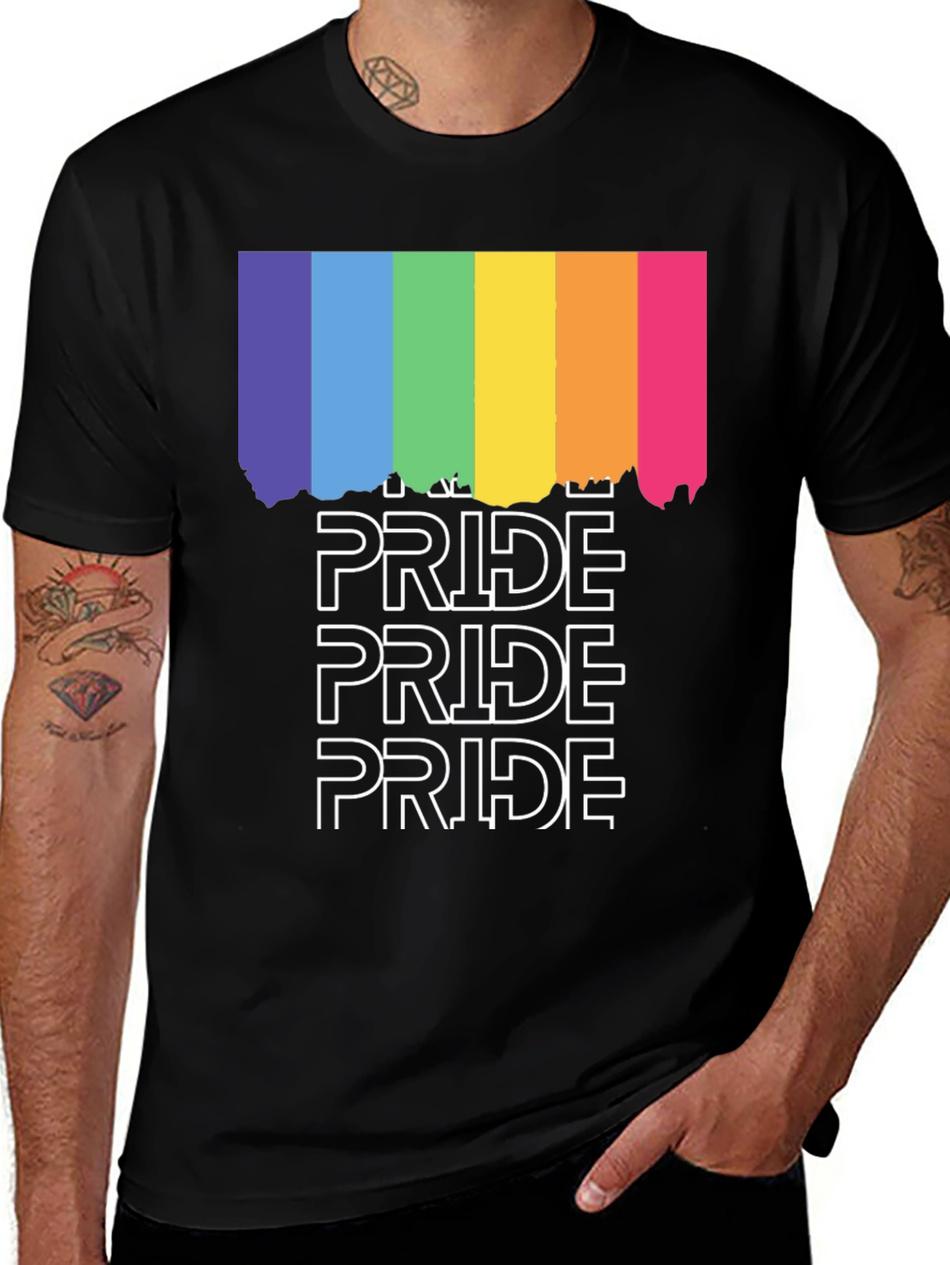Pride Rainbow Graphic Tee - Black Cotton Blend T-Shirt