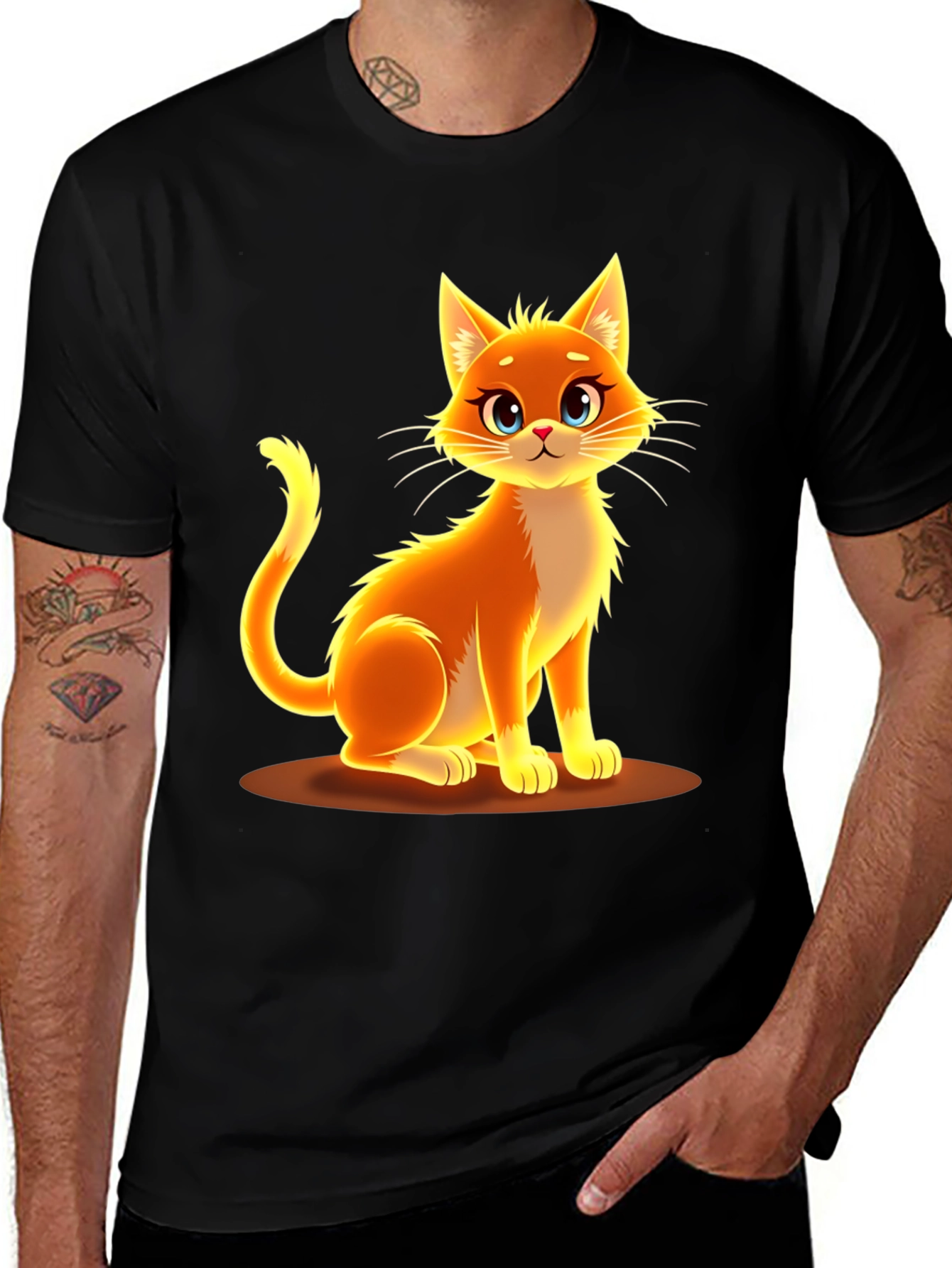 Variant 8 of Orange Cat Graphic Print Black T-Shirt