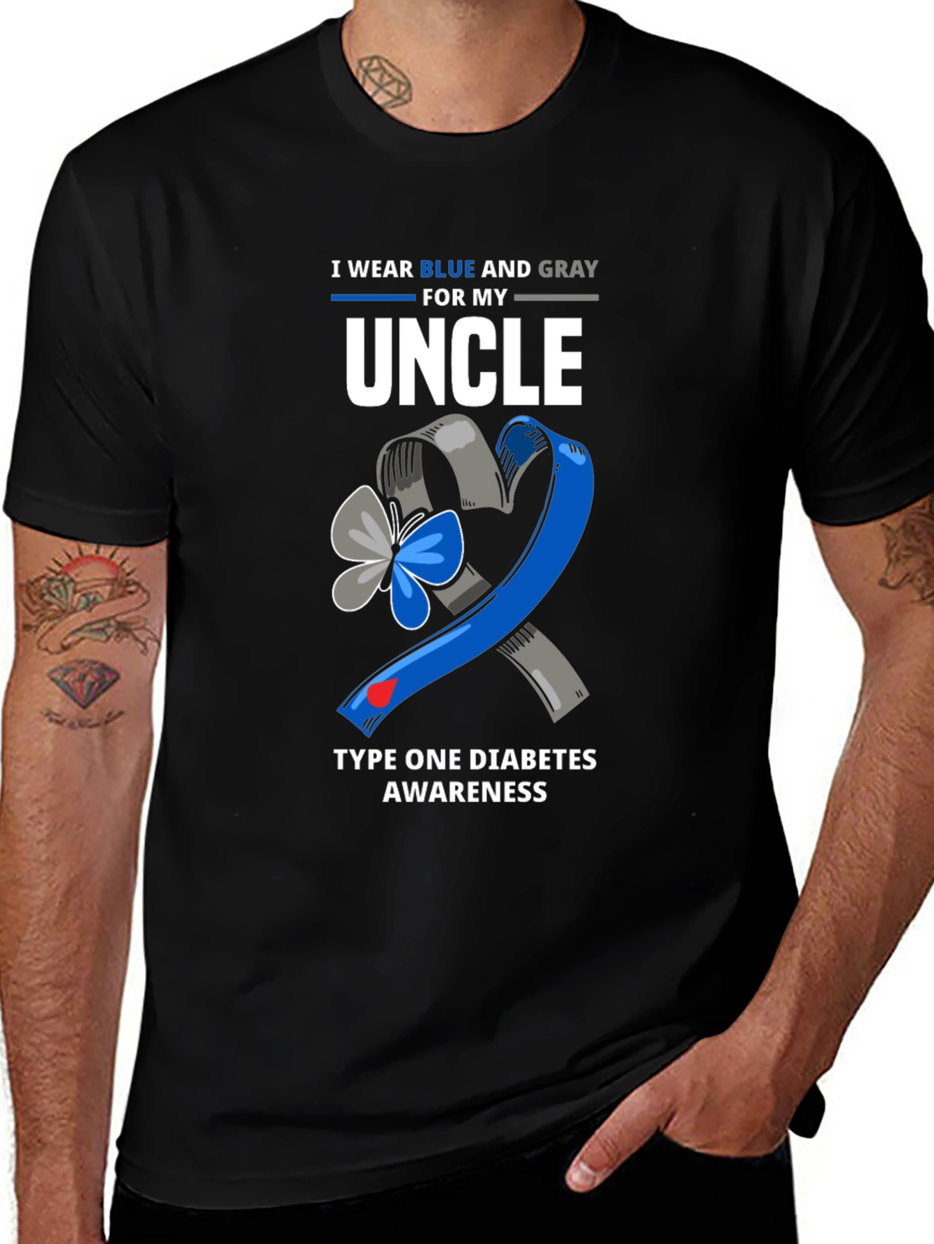 Diabetes Awareness Uncle T-Shirt - Blue and Gray Ribbon