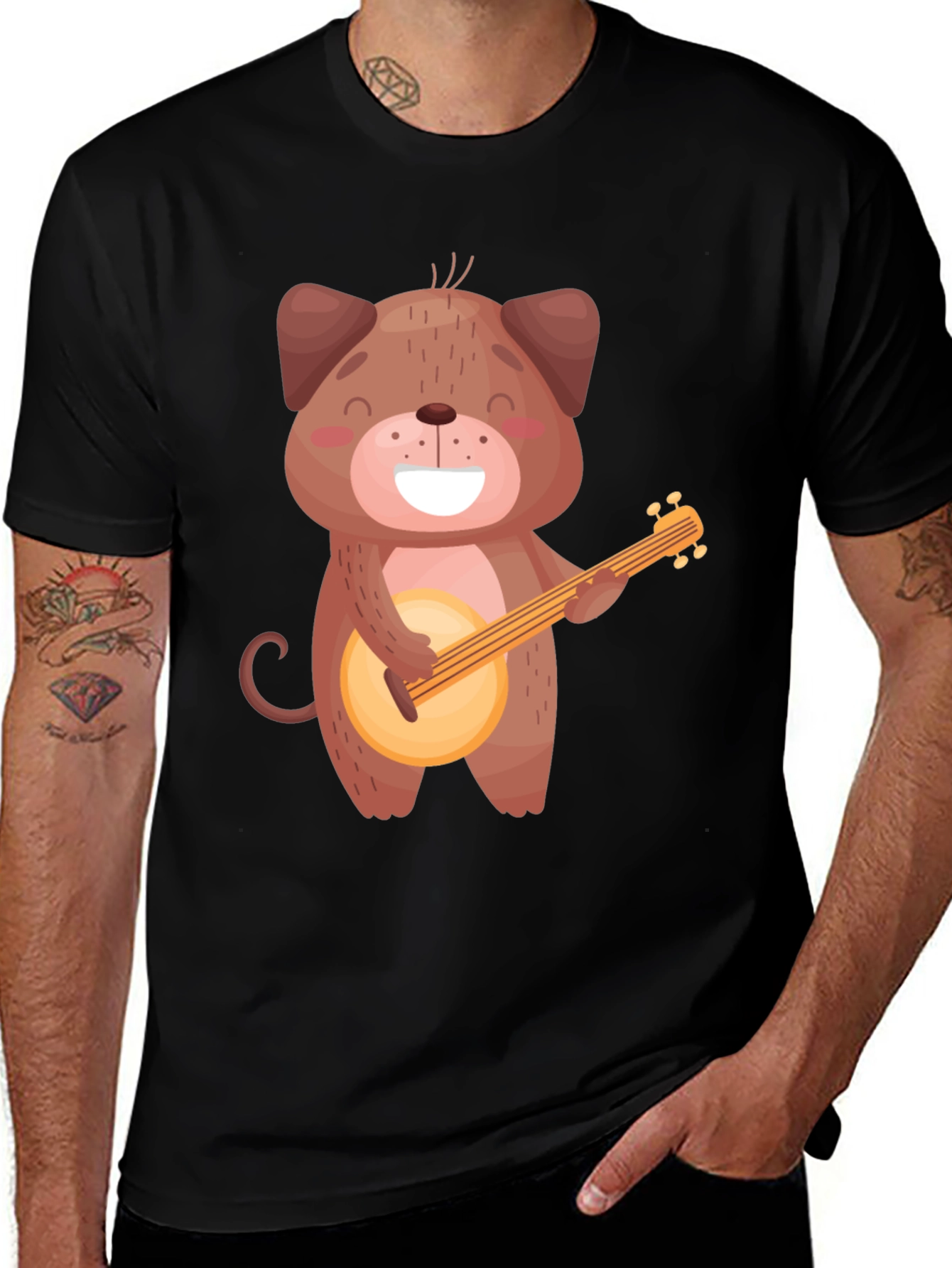 Variant 23 of Dog Playing Banjo T-Shirt - Black Cotton Tee