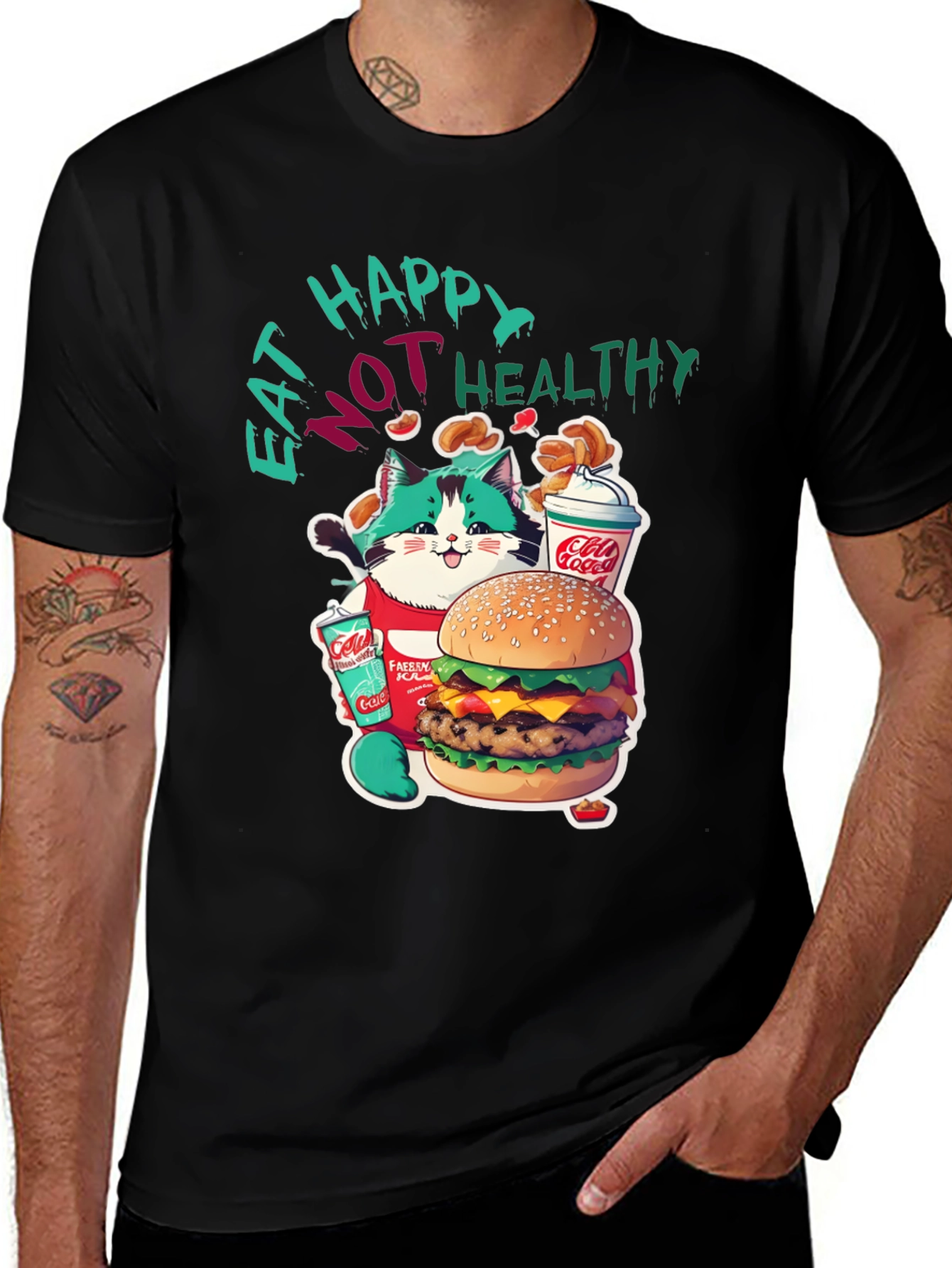 Variant 29 of Eat Happy Not Healthy T-Shirt: Cat Burger Design
