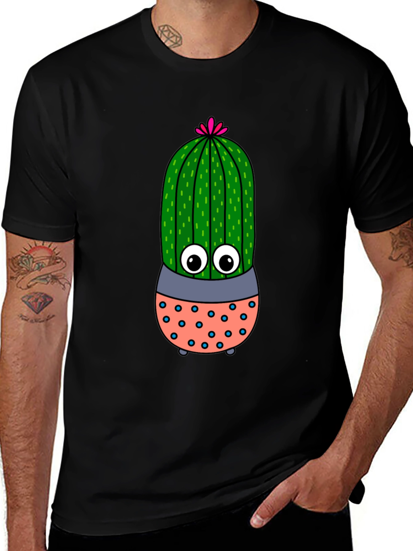 Black Cute Cartoon Cactus Black T-Shirt main image
