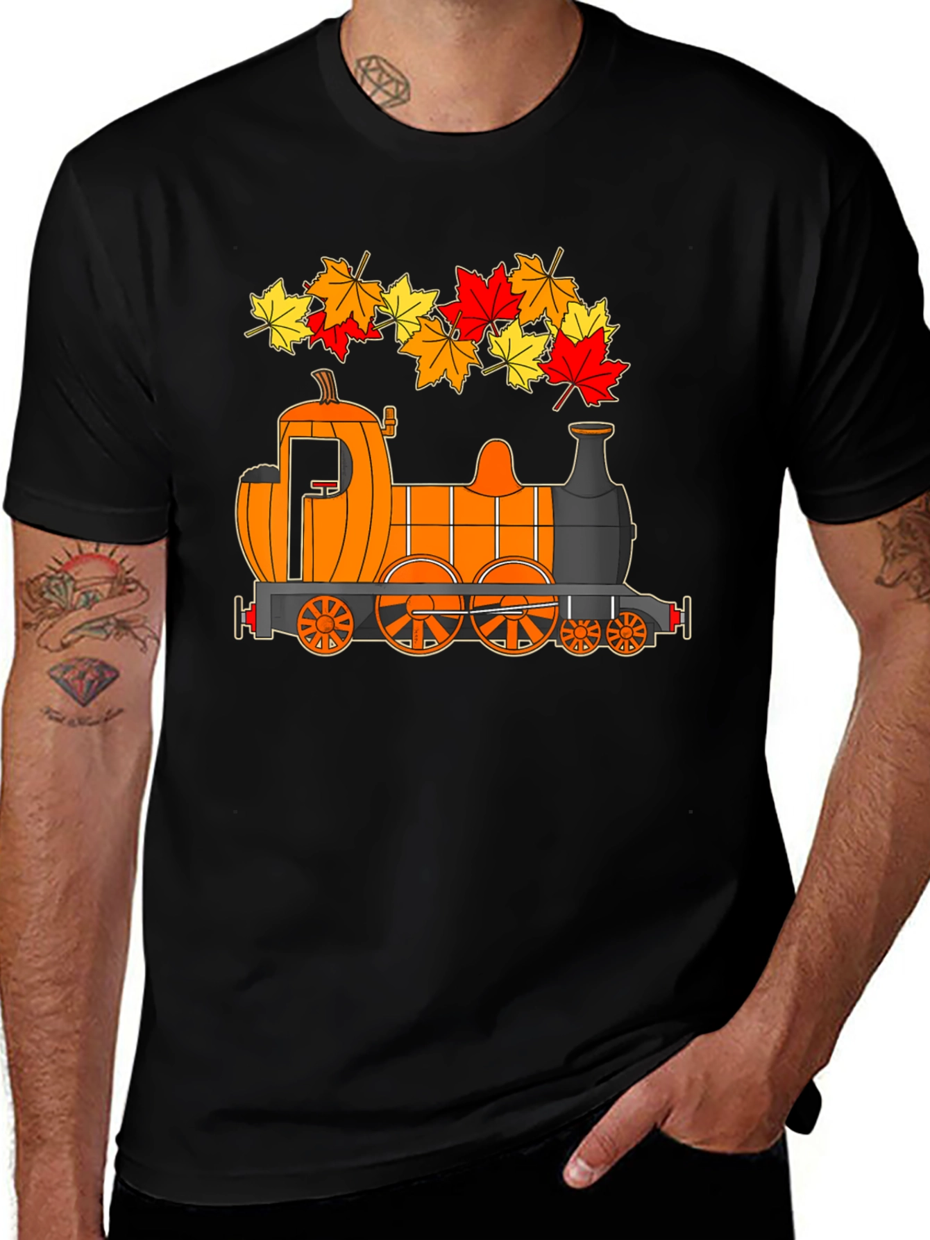 Variant 7 of Fall Pumpkin Train T-Shirt - Autumn Leaves Design