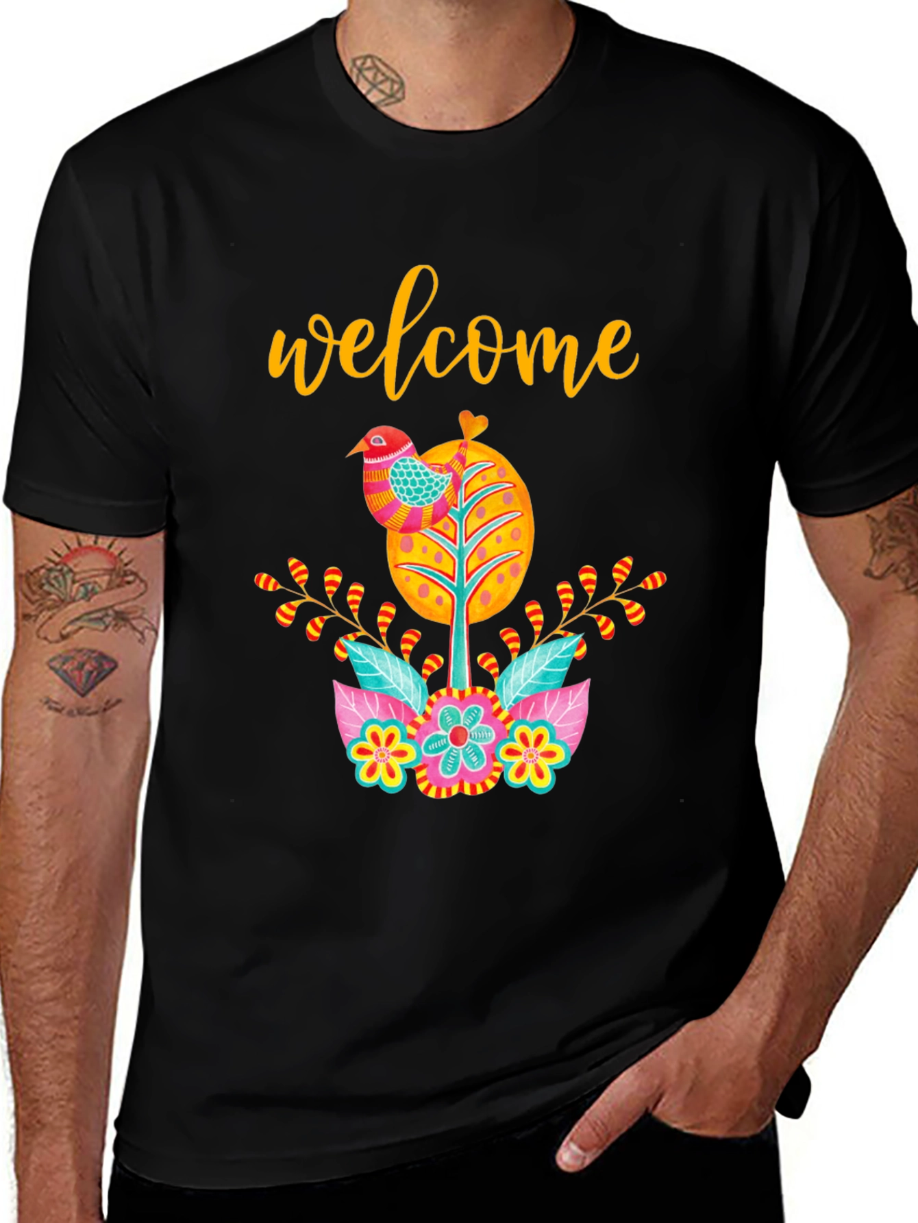 Variant 8 of Welcome Floral Bird Graphic Black T-Shirt