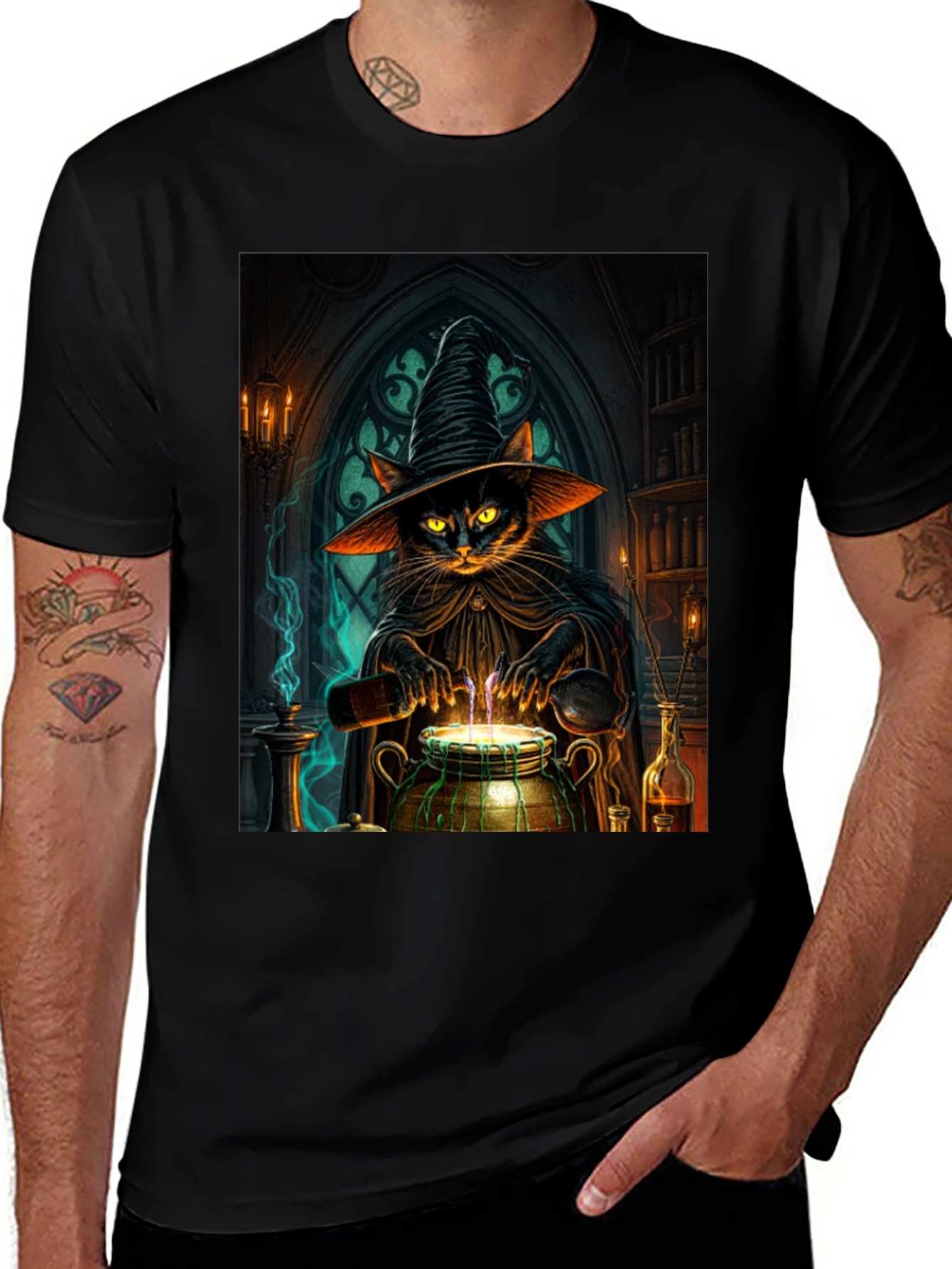 Witch Cat Potion T-Shirt - Black Cotton Tee