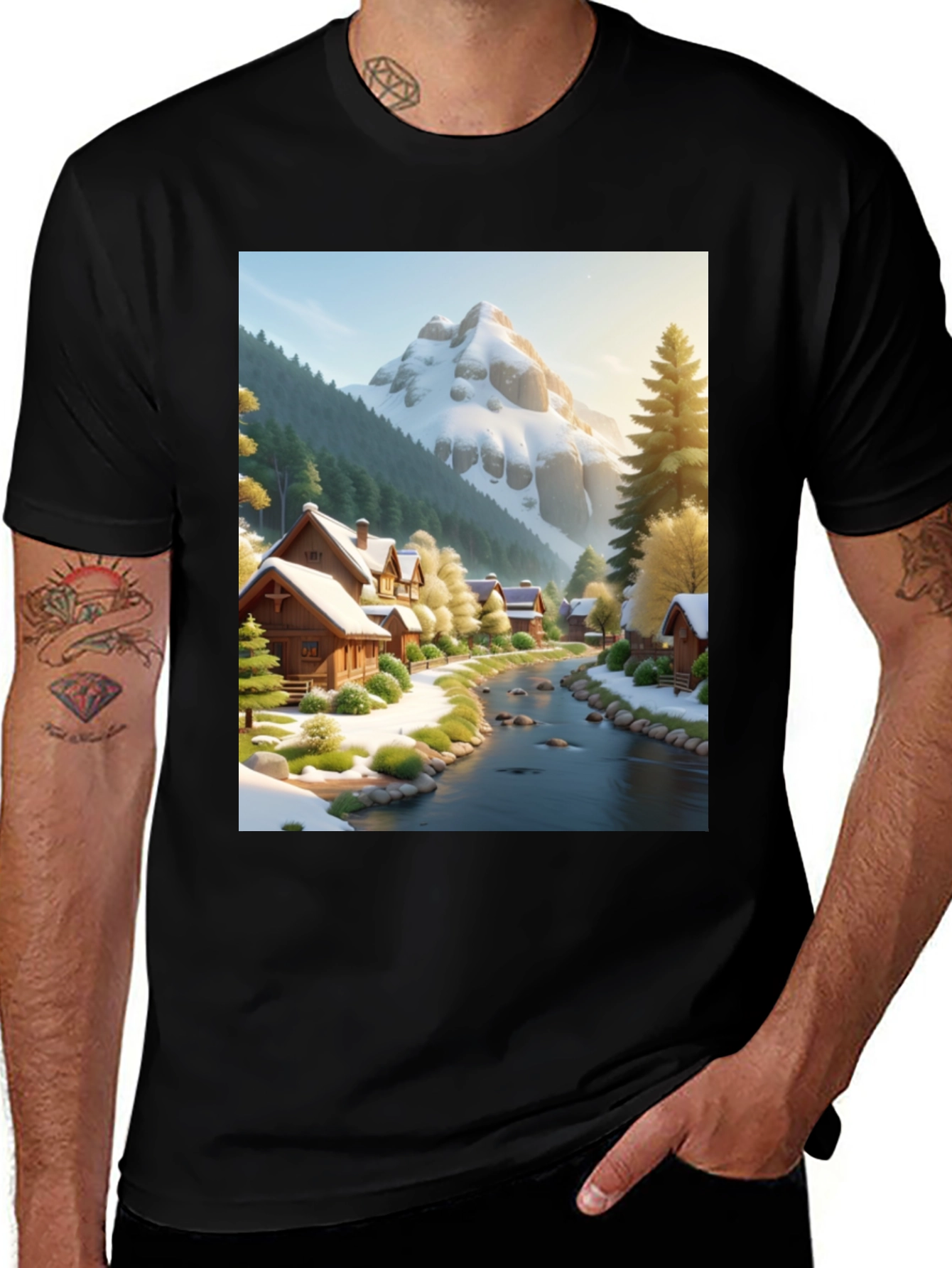 Variant 24 of Scenic Winter Village T-Shirt - Mountain River Design