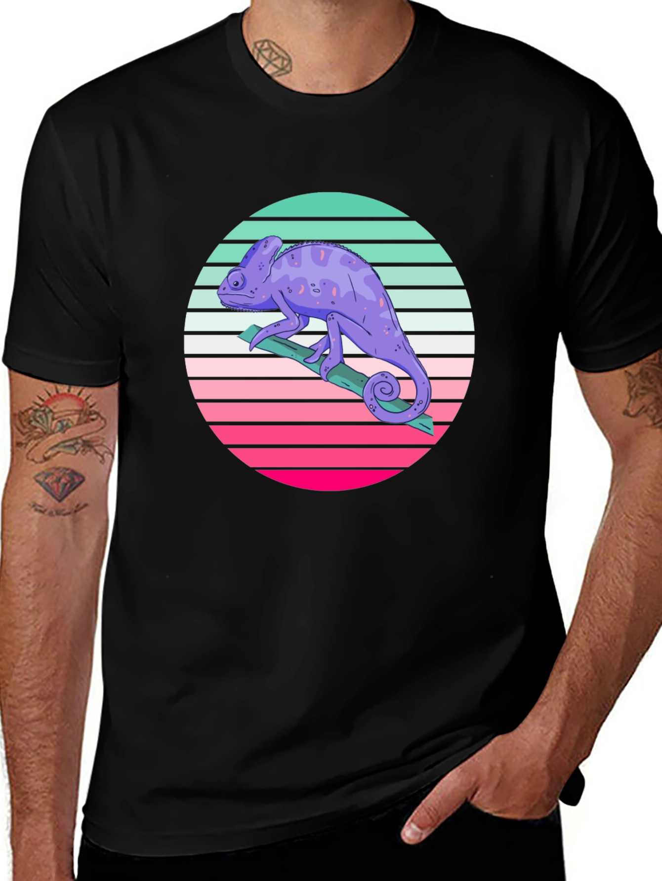 Variant 23 of Retro Chameleon T-Shirt - Black Cotton Tee