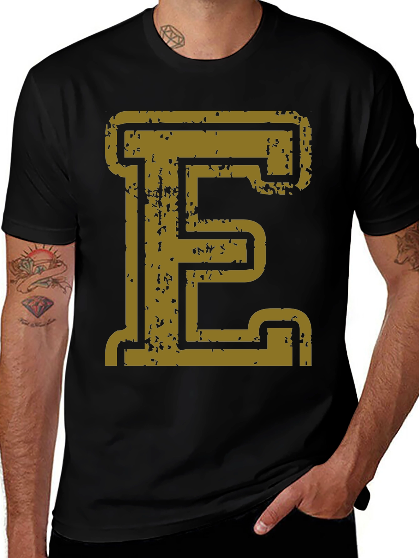 Variant 27 of Distressed Gold Letter E Black T-Shirt