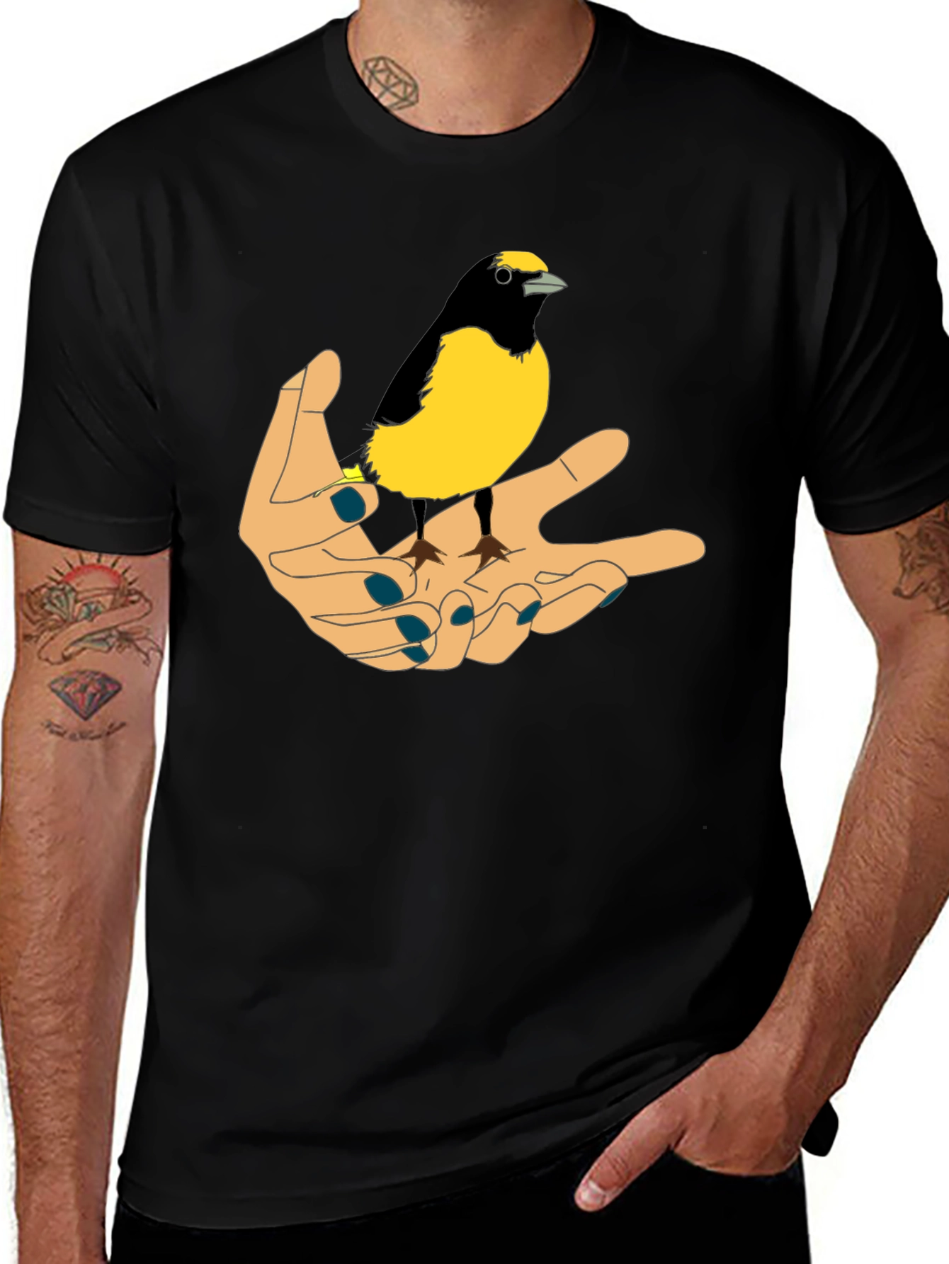 Variant 19 of Bird on Hand Graphic Tee - Black Cotton T-Shirt