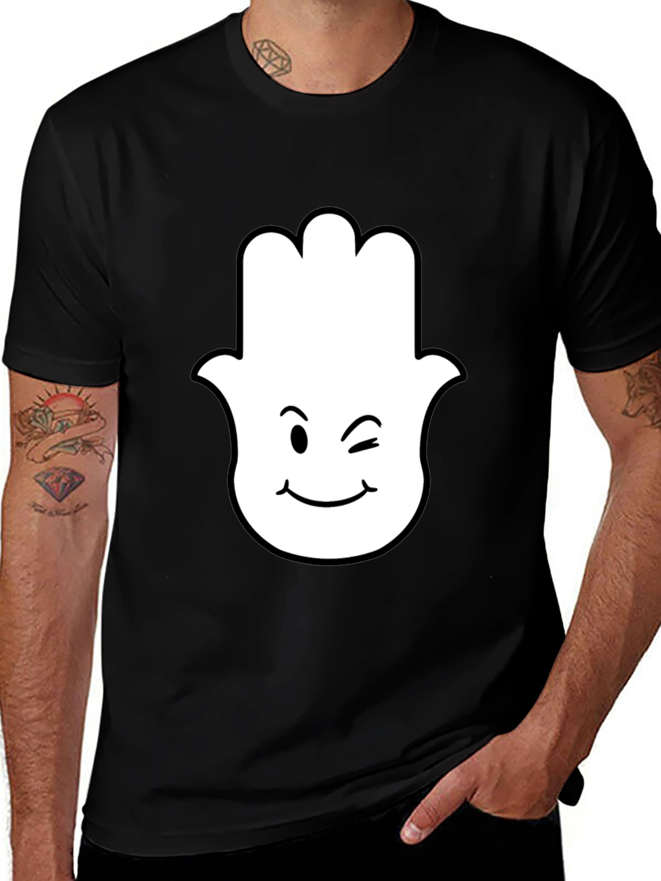 Variant 7 of Hamsa Hand Wink Emoji Black T-Shirt