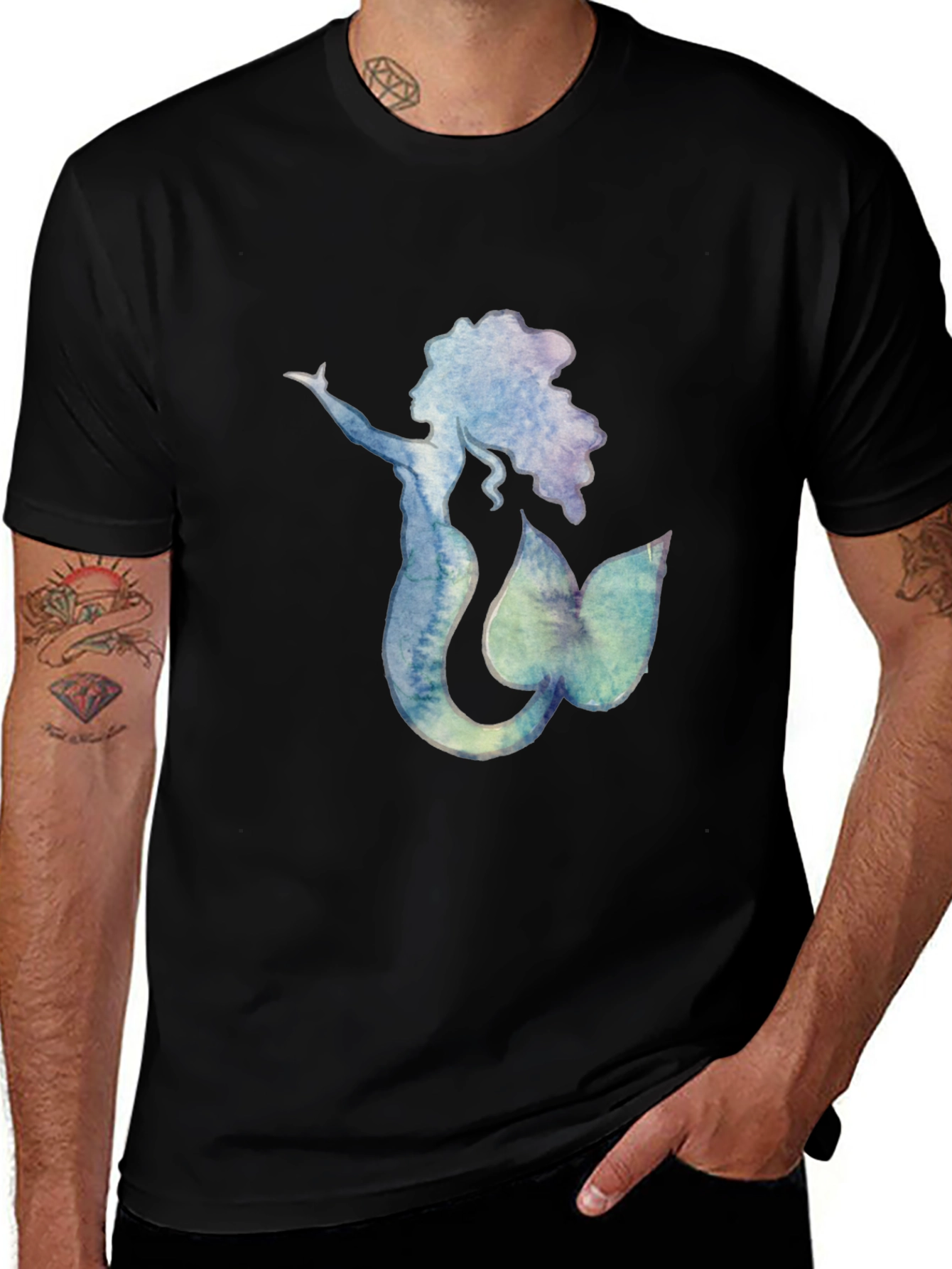 Variant 6 of Watercolor Mermaid Graphic Tee - Black Cotton