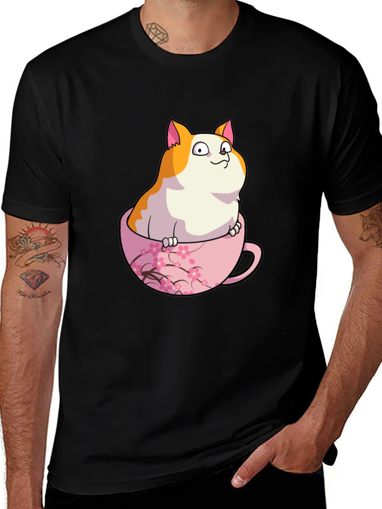 Variant 10 of Cat in Teacup Graphic Tee - Novelty Black T-Shirt
