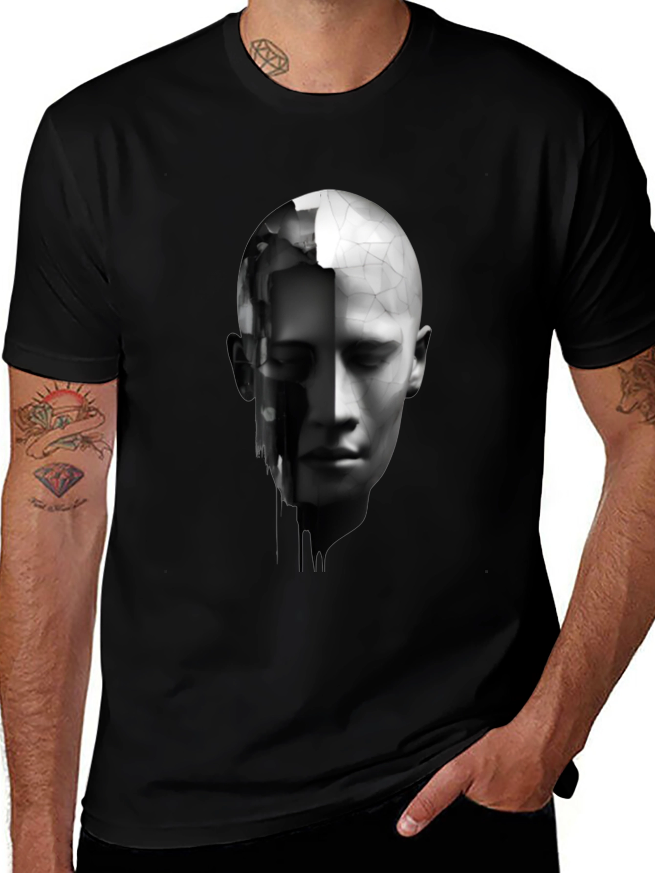 Abstract Human Face Graphic Print Black T-Shirt