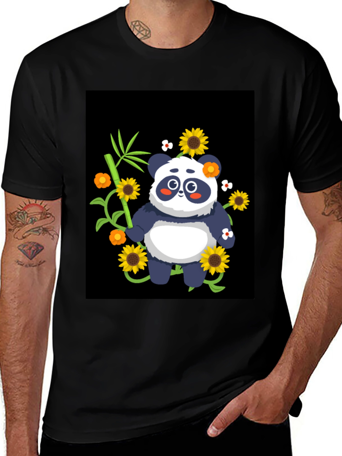 Panda & Sunflower Graphic Black T-Shirt