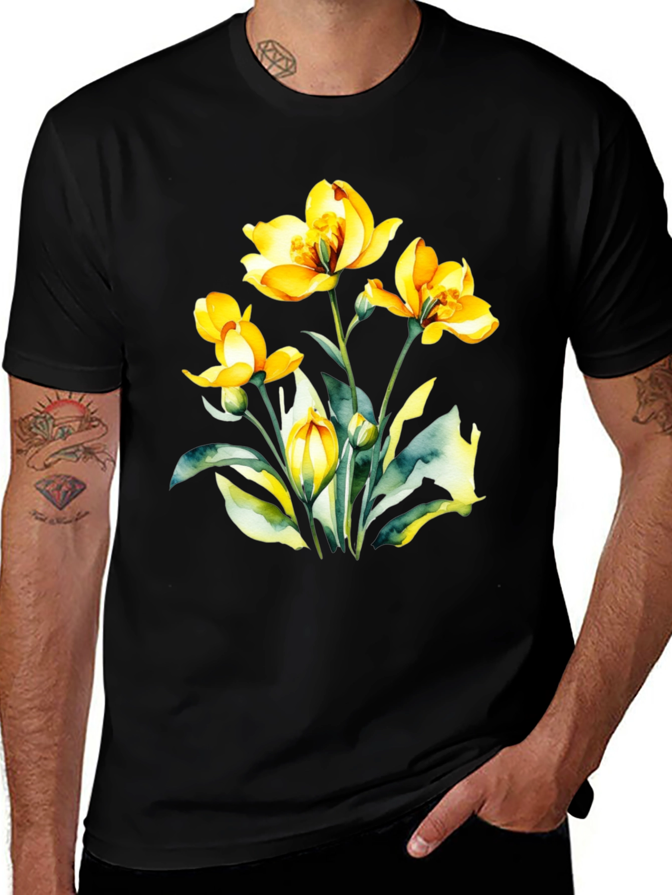 Variant 4 of Floral Watercolor Print Black T-Shirt
