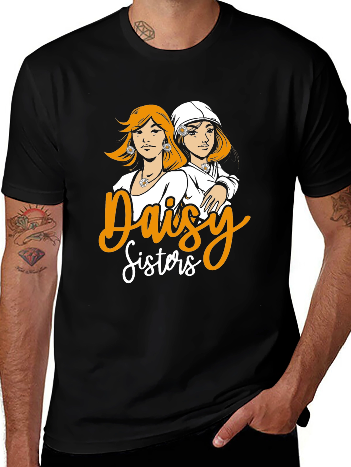 Variant 30 of Daisy Sisters Graphic Tee - Retro Black T-Shirt