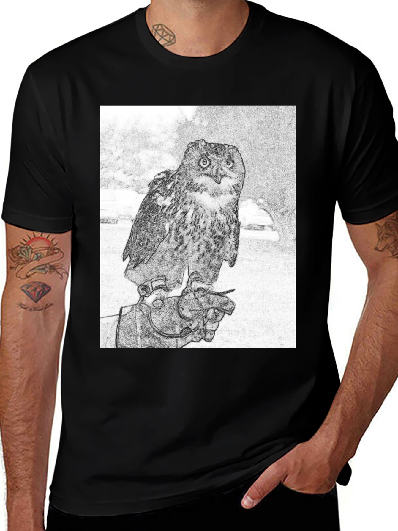 Variant 27 of Owl Sketch Graphic Tee - Black Cotton T-Shirt
