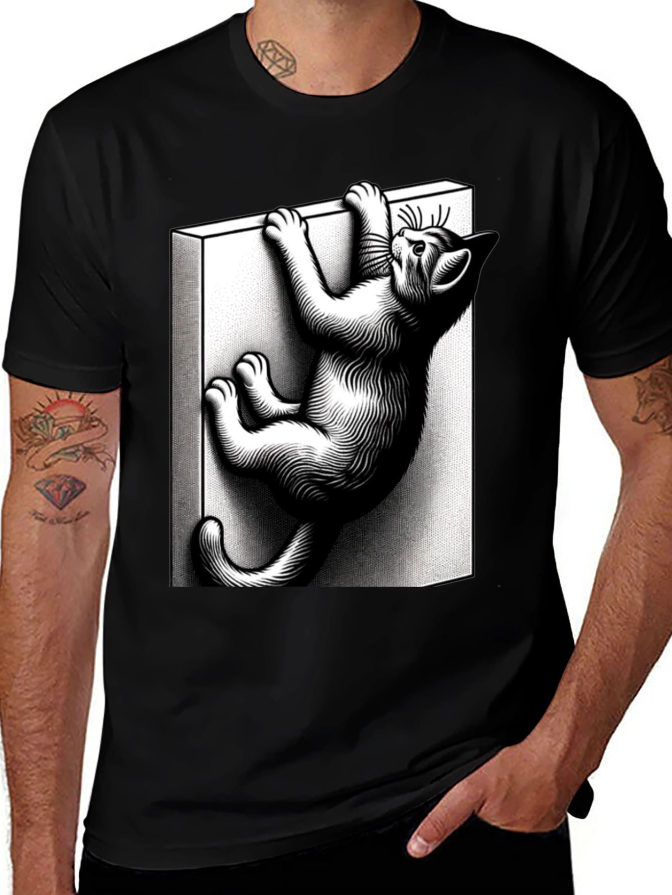 Variant 14 of Climbing Cat Graphic Tee - Black Cotton Blend