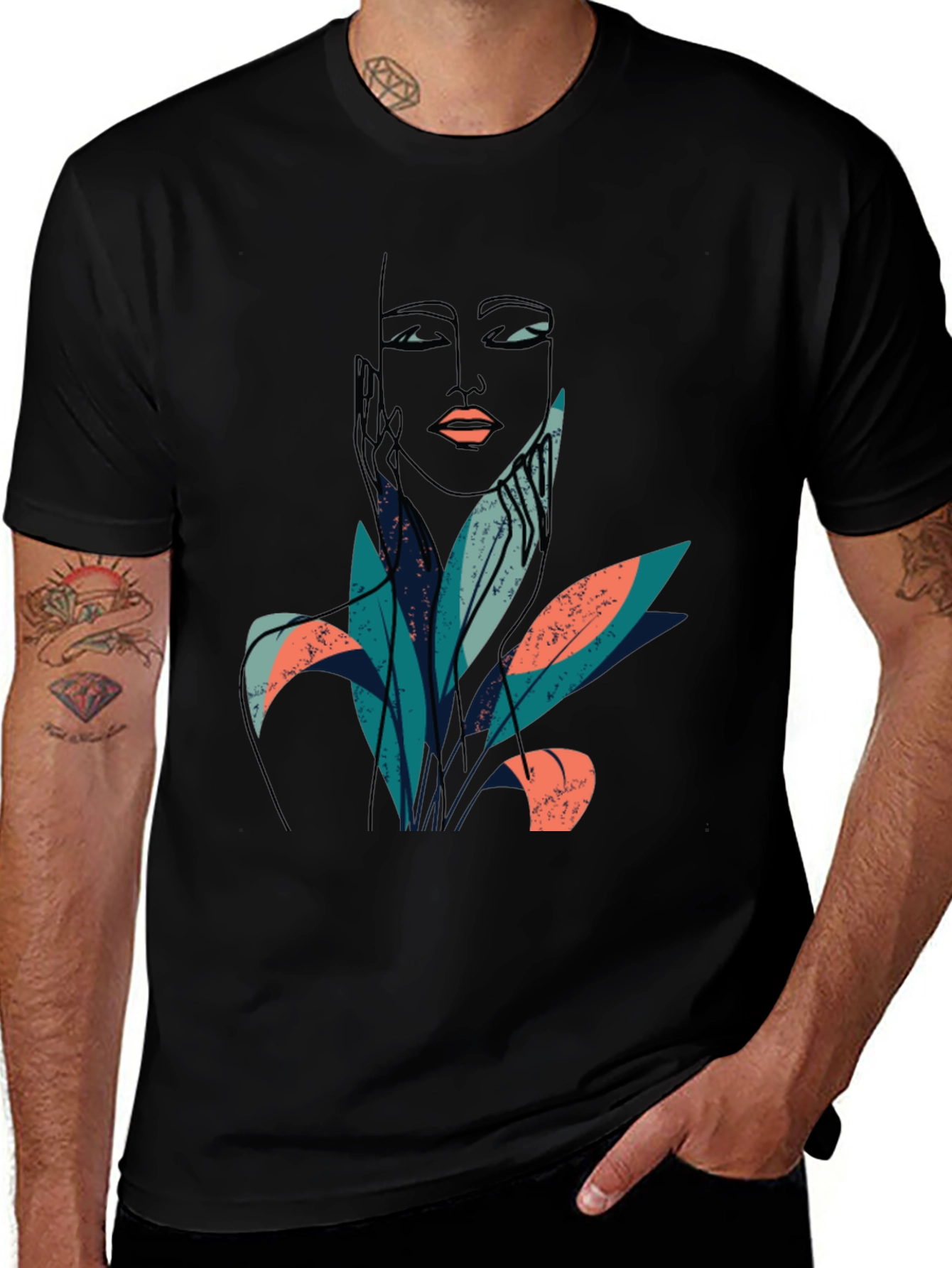 Variant 23 of Abstract Face & Foliage Graphic Tee - Unisex Black T-Shirt