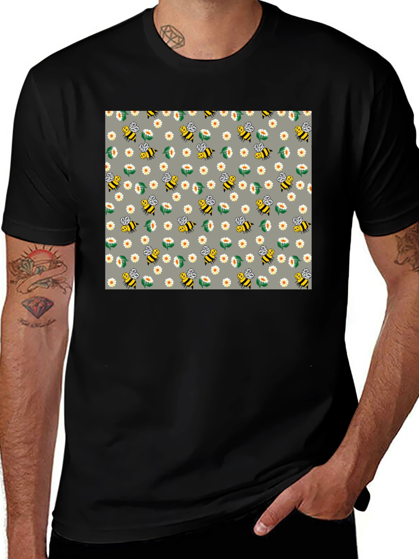Variant 21 of Bee & Daisy Pattern Black T-Shirt