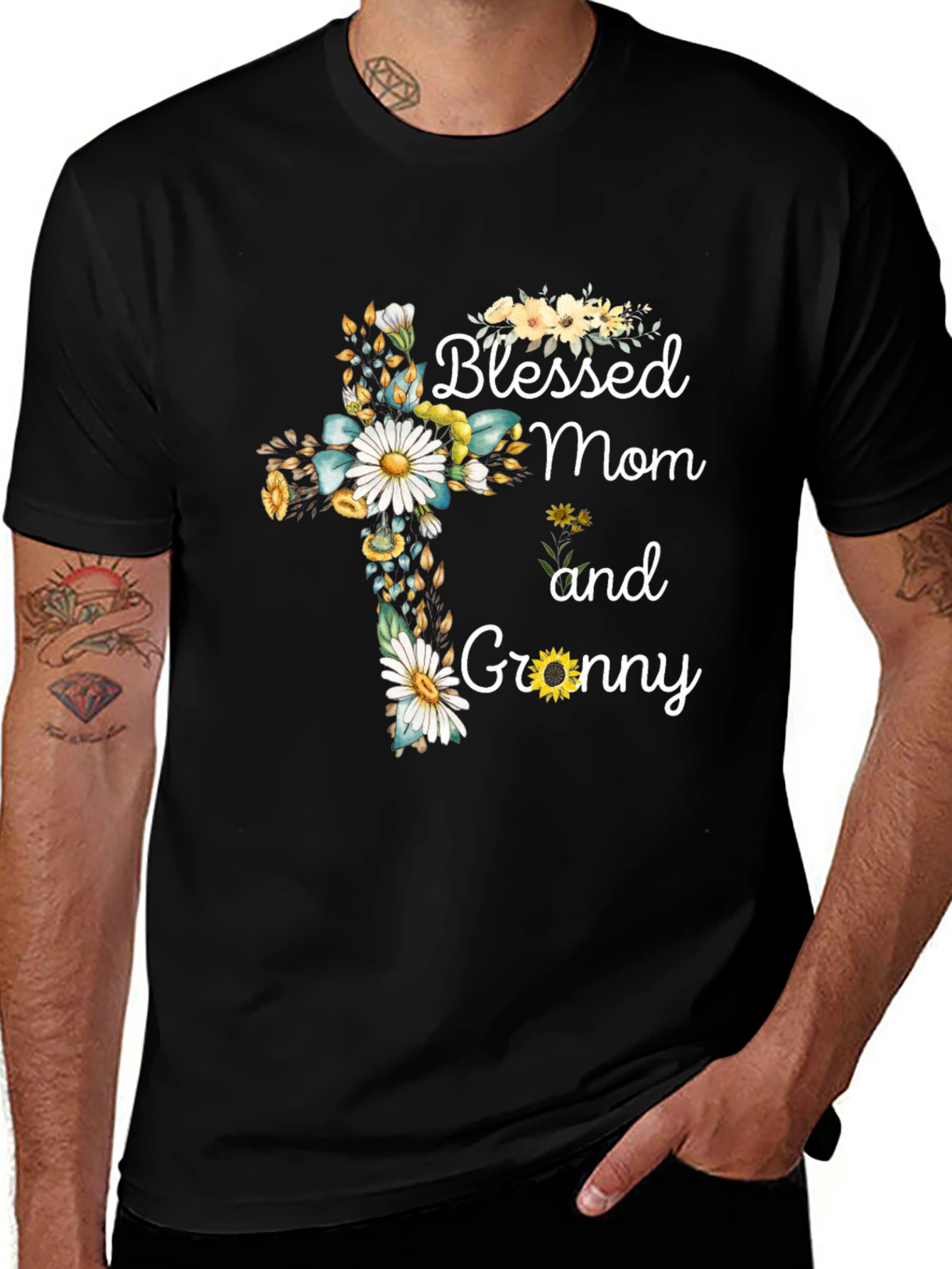 Blessed Mom and Granny Floral Cross T-Shirt